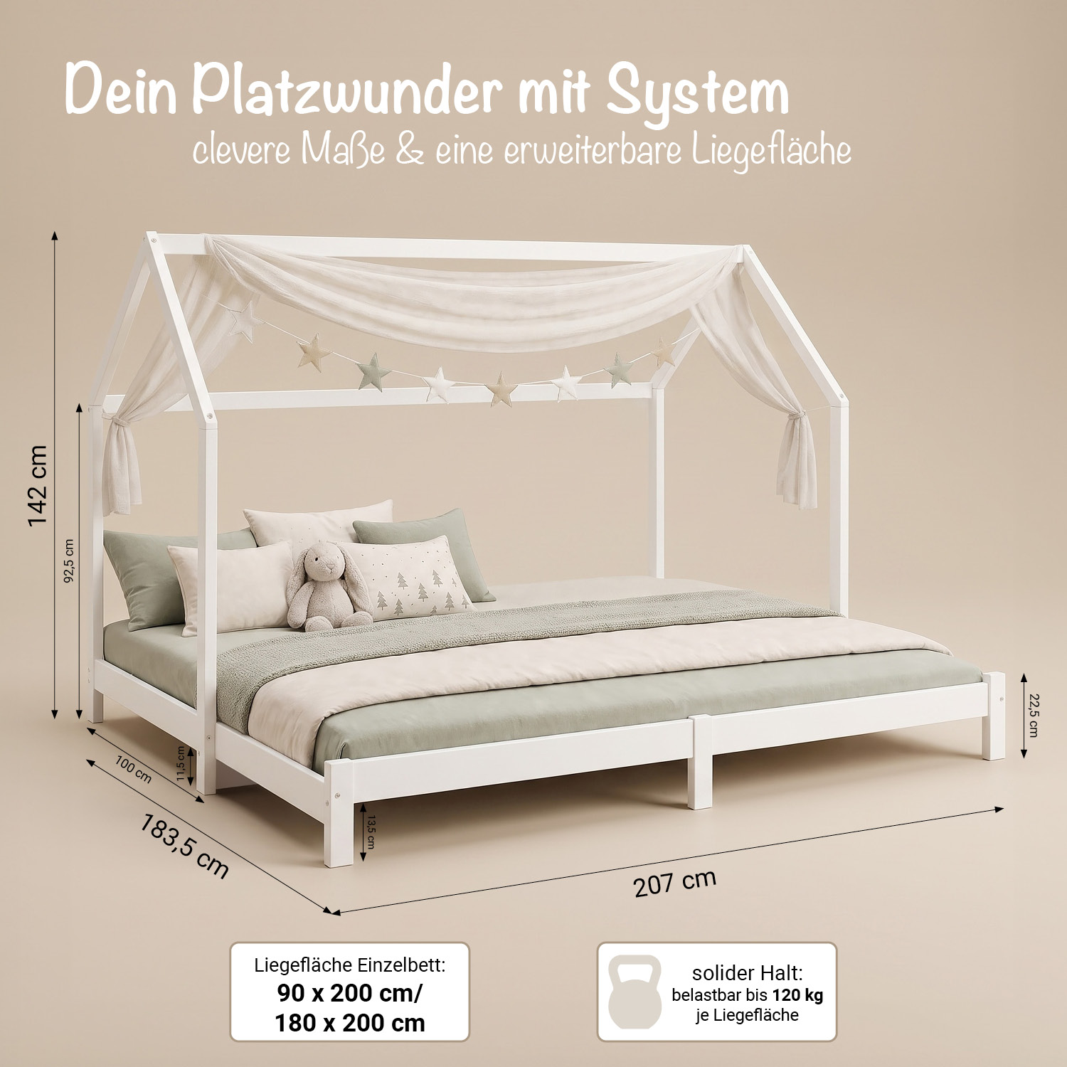 Children's Bed with Pull Out Bed 2 Mattresses 90x200 cm House Bed Treehouse Bed Children's Single Bed Wooden Frame White Trundle Bed Slats