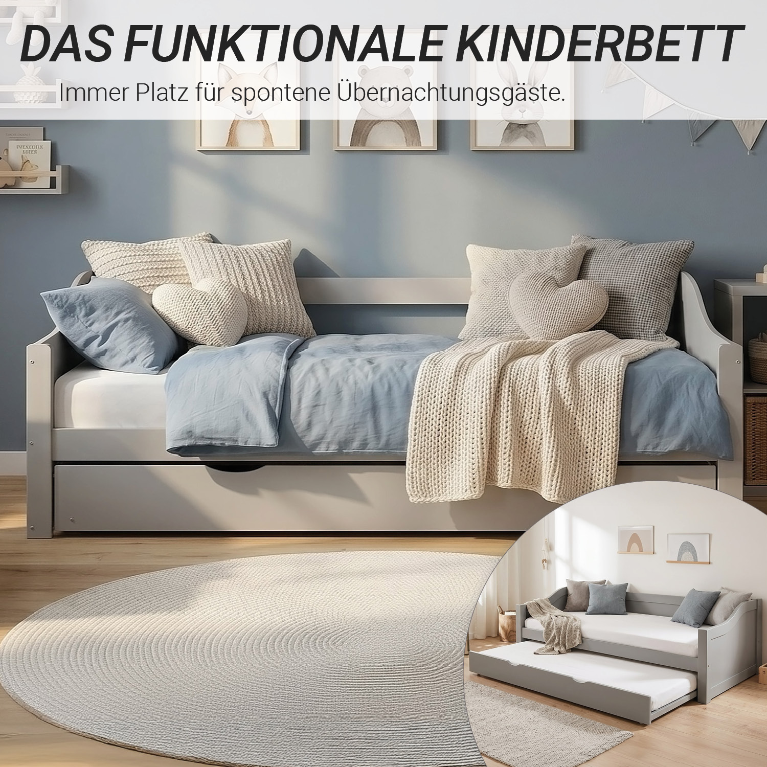 Wood Bed 90x200 cm Grey | Extendable | Cabin Bed | with Mattress | Kids Youth Guest Bedroom