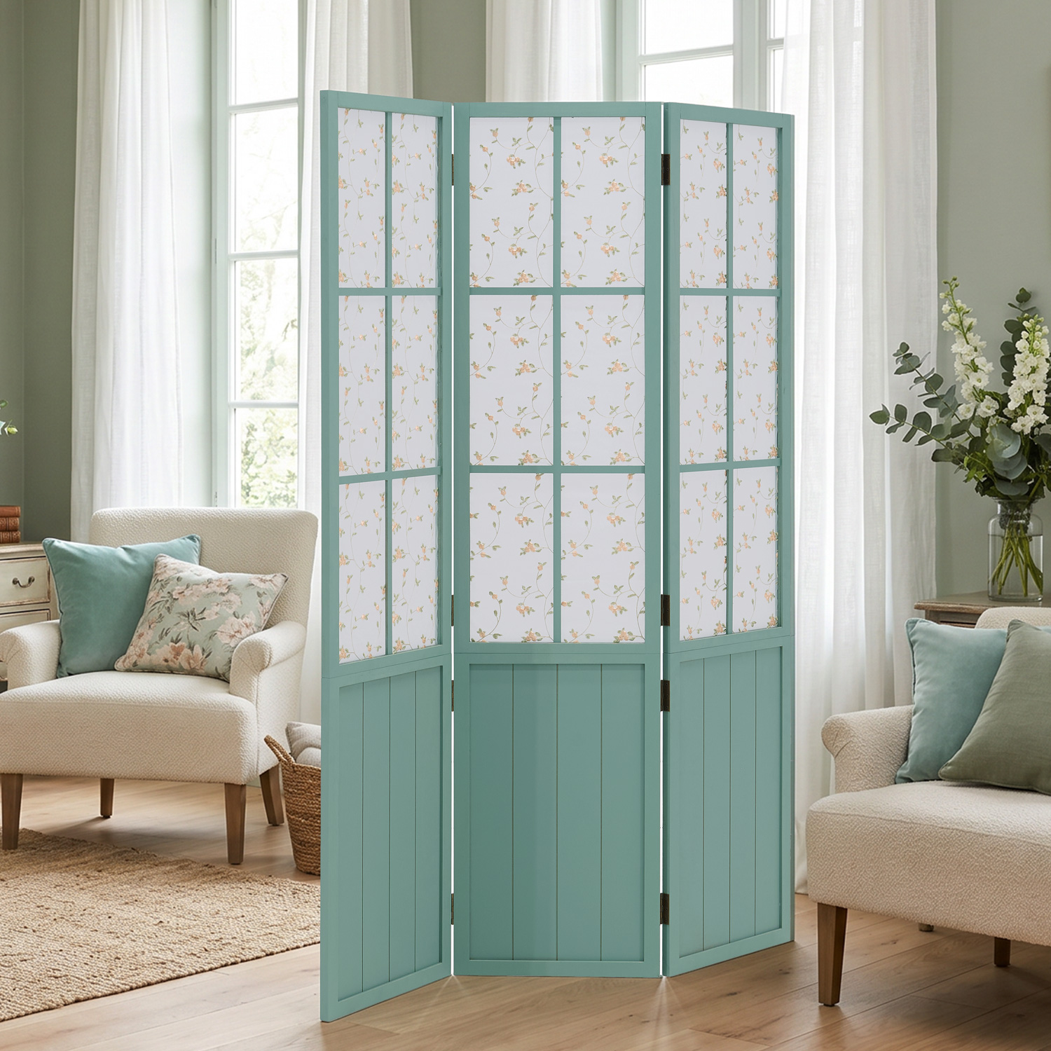 Turquoise Room Divider – 3-panel, country-style with floral pattern & fabric covering