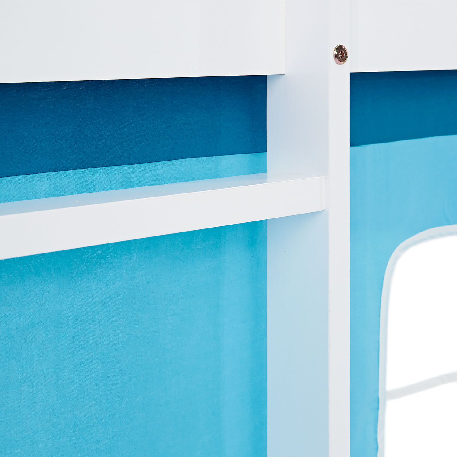 Children's Loft Bed 90x200 cm White with Blue Curtain | Tunnel | Includes Slatted Base and Mattress