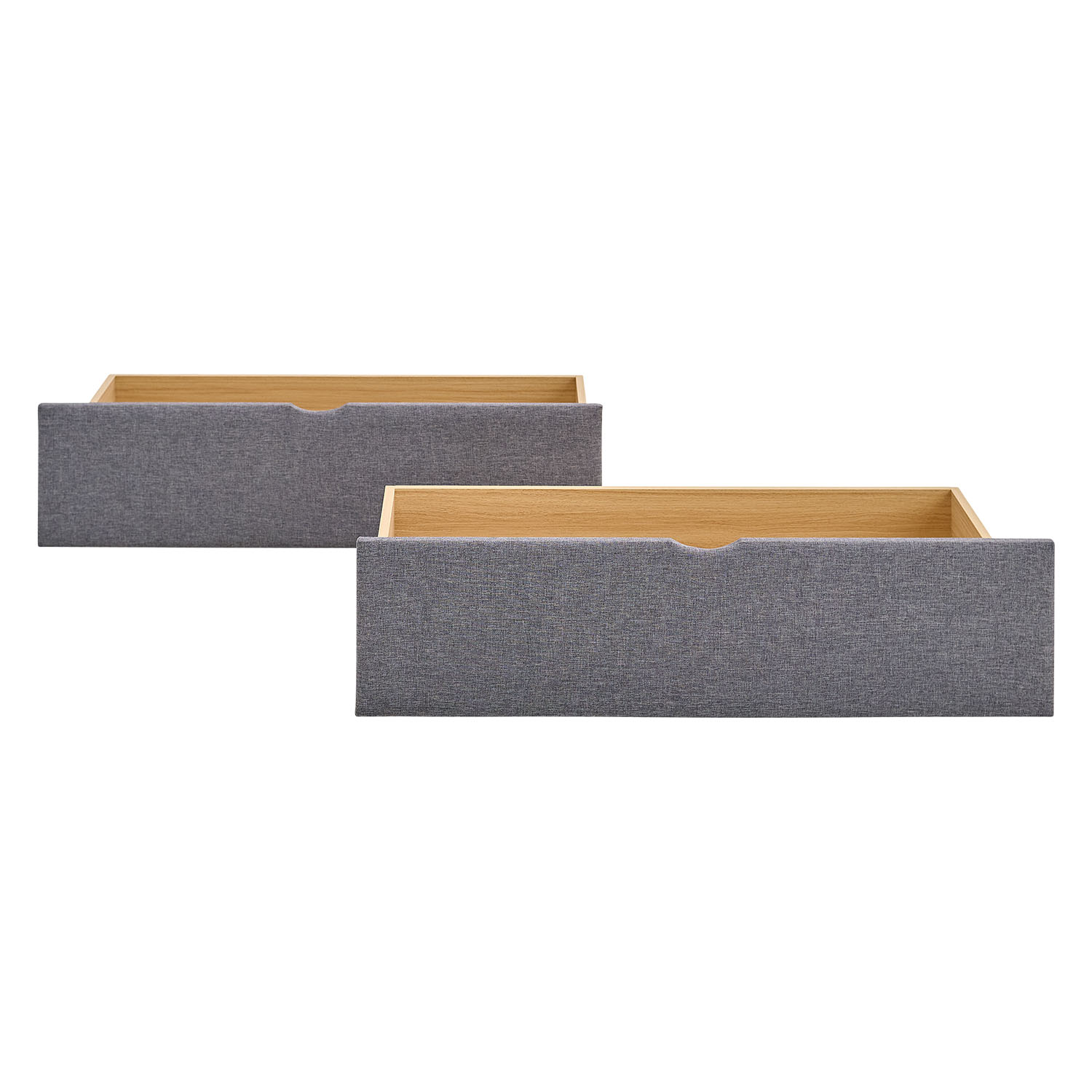 Two pull-out bed drawers with grey fabric covering and light wood interior. Ideal for additional storage under the bed. Each drawer features a convenient recessed handle on the front.