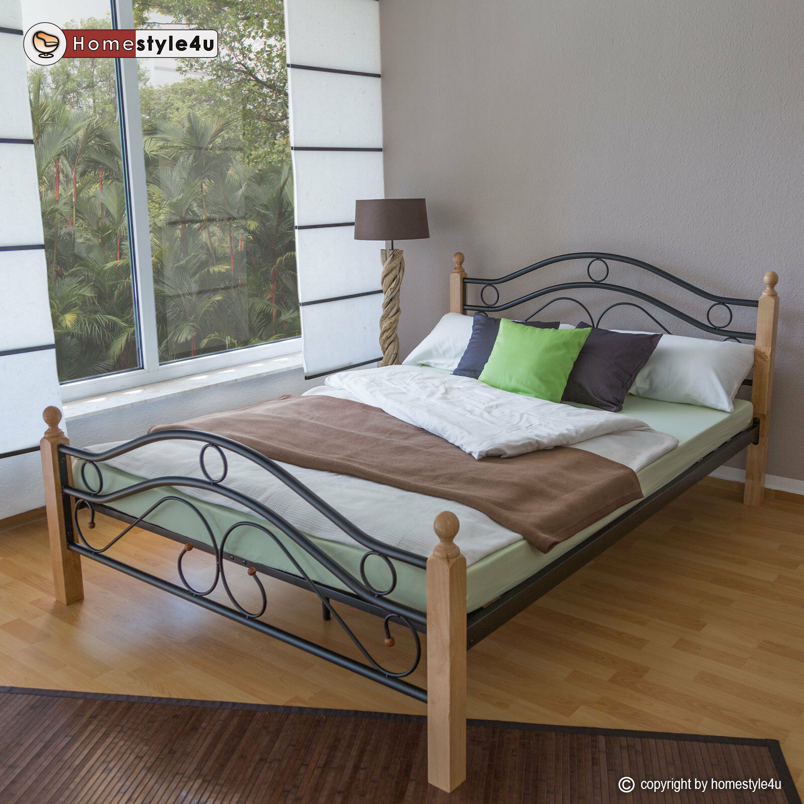 Metal Bed Iron Bed Double 160 x 200 Wood Slatted black natural bed frame 803