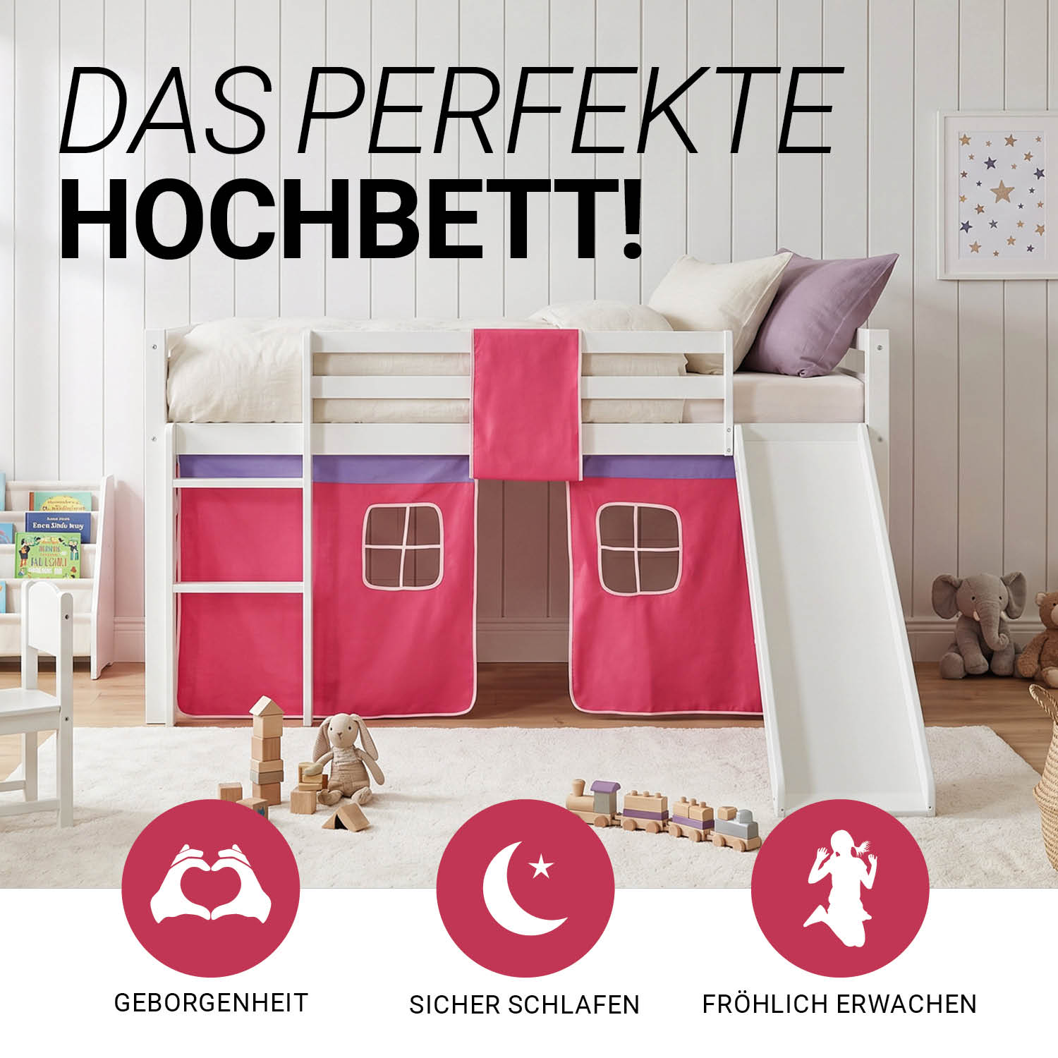 Children's Loft Bed 90x200 cm White with Pink Curtain | Slide | Without Slatted Base