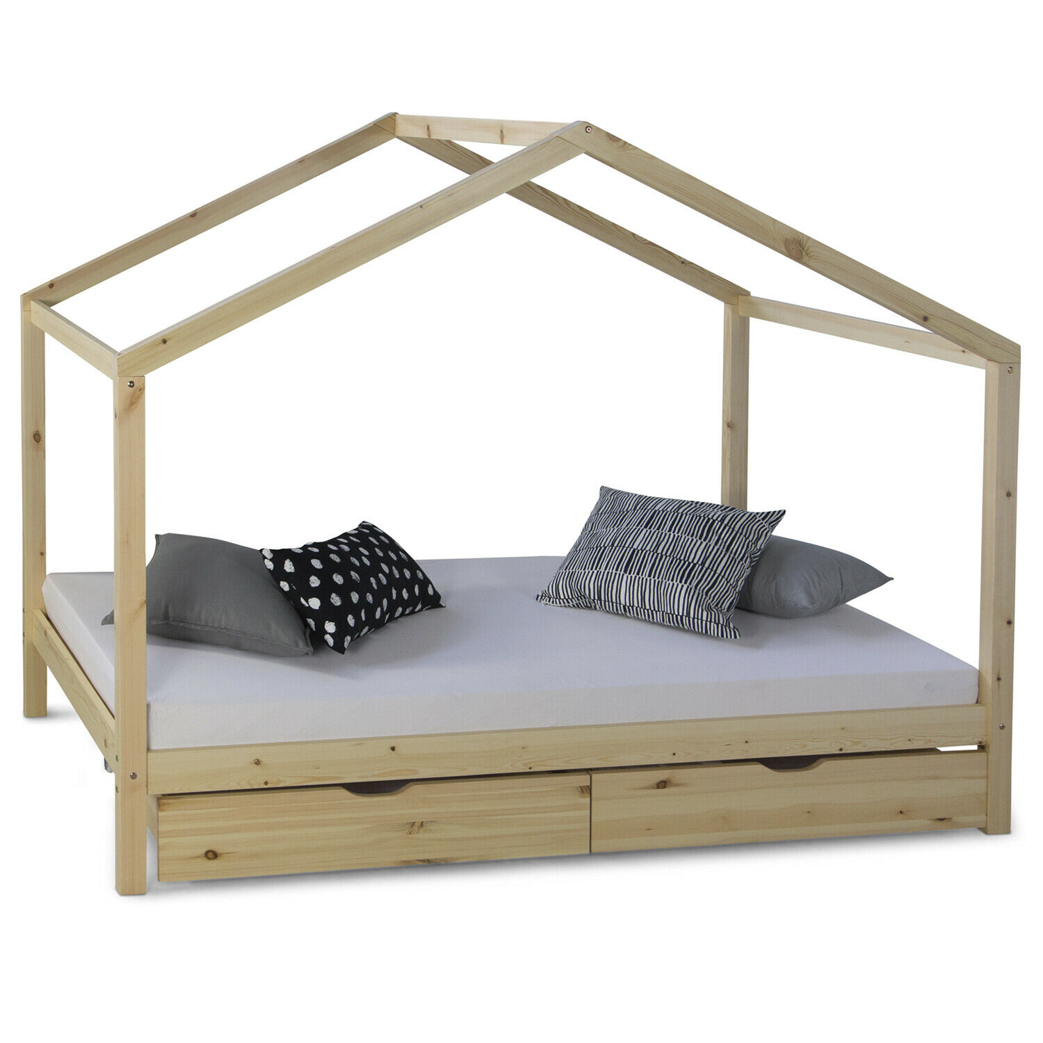 Children's Bed 90x200 cm Natural | House Bed with Drawers | Single Bed | with Slatted Frame | Wood