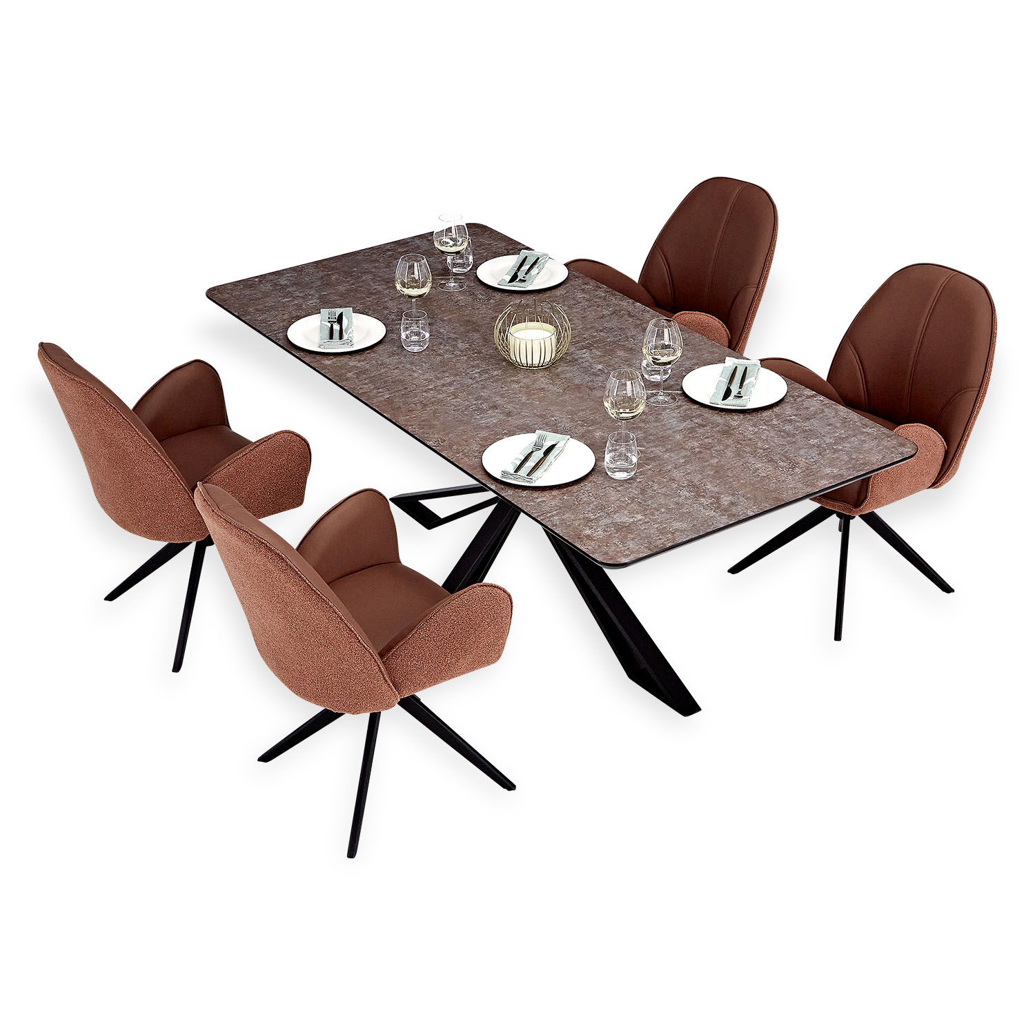 Dining set | 4-piece set upholstered chairs brown bouclé Leder with armrest | swivel | dining table brown metal frame 200 x 100 cm