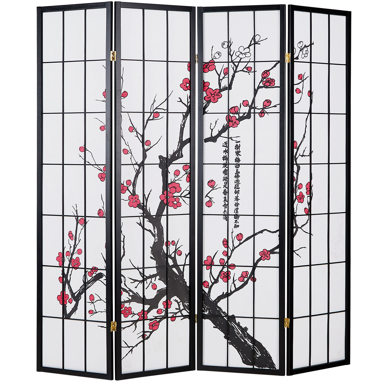 Paravent Black Cherry Pattern | Rice Paper White | 4-panel | Wood | Room Divider Partition Privacy Screen