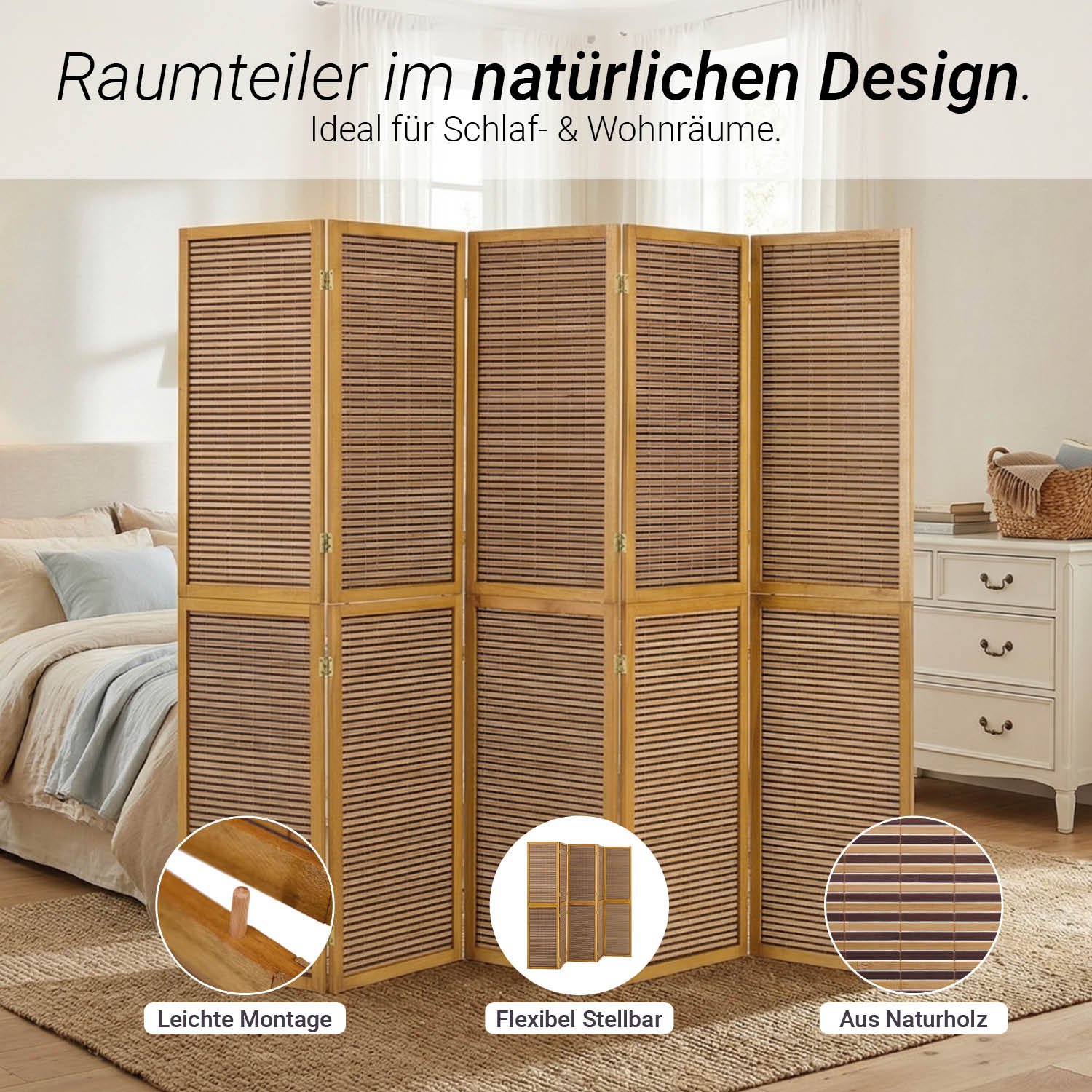 Paravent Brown Wooden Slats | 5-panel | Wood | Room Divider Partition Privacy Screen