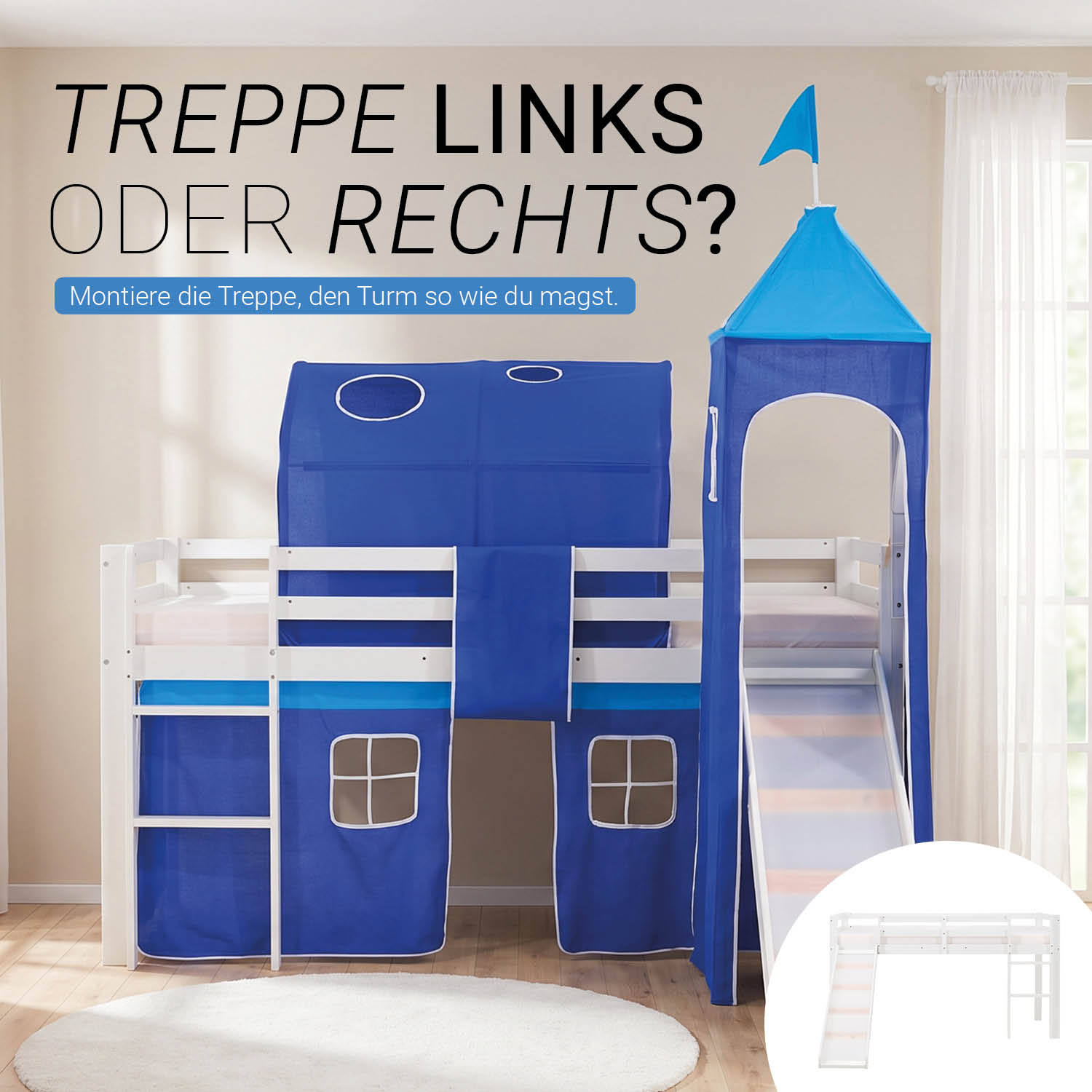 Children's Loft Bed 90x200 cm White with Blue Curtain | Tunnel | Tower | Slide | Without Slatted Base | For Boys