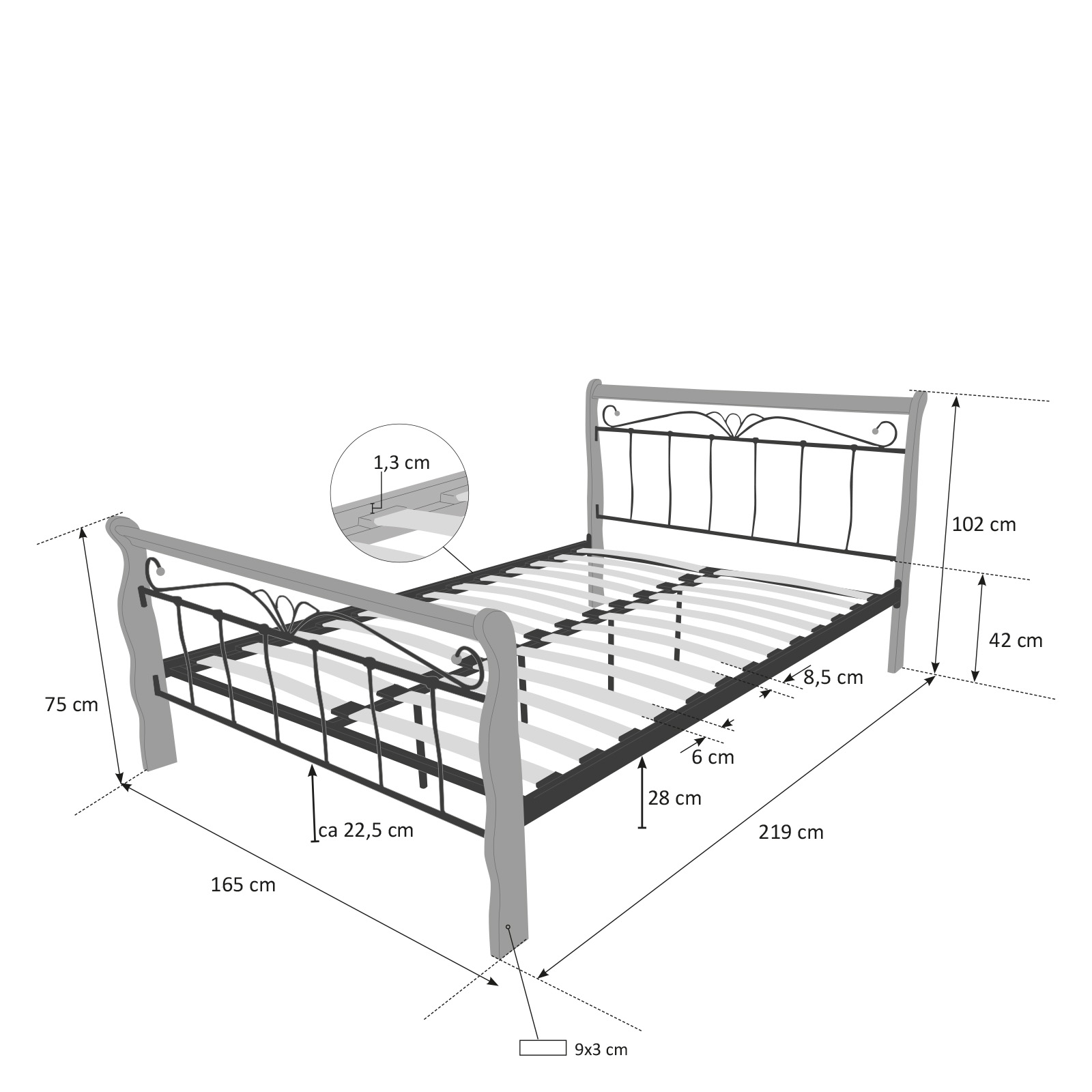 Design Iron Bed Double 160 x 200Wood Slatted black natural bed frame 1008