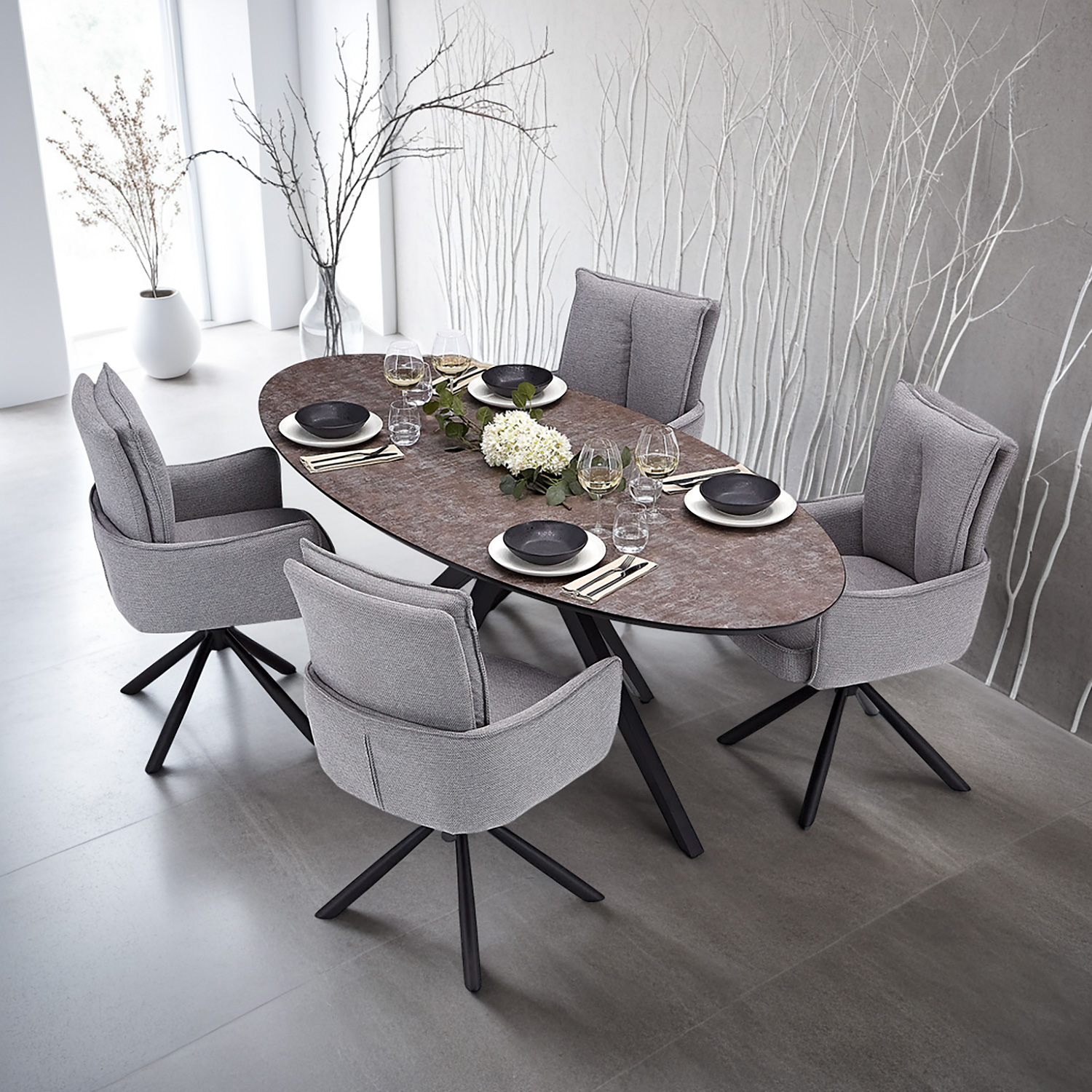Dining set | 4-piece set upholstered chairs grey with armrest | swivel | dining table brown metal frame oval 200 cm