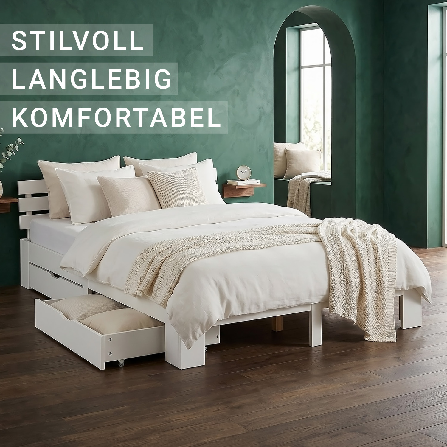Wood Bed 160x200 cm White | Double Bed with Storage 2 Drawers | with Mattress | Solid | Youth Guest Bedroom