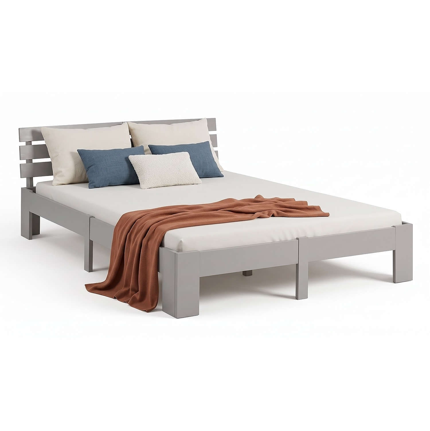 Wood Bed 160x200 cm Grey | Double Bed | with 2 Mattress | Solid | Kids Youth Guest Bedroom