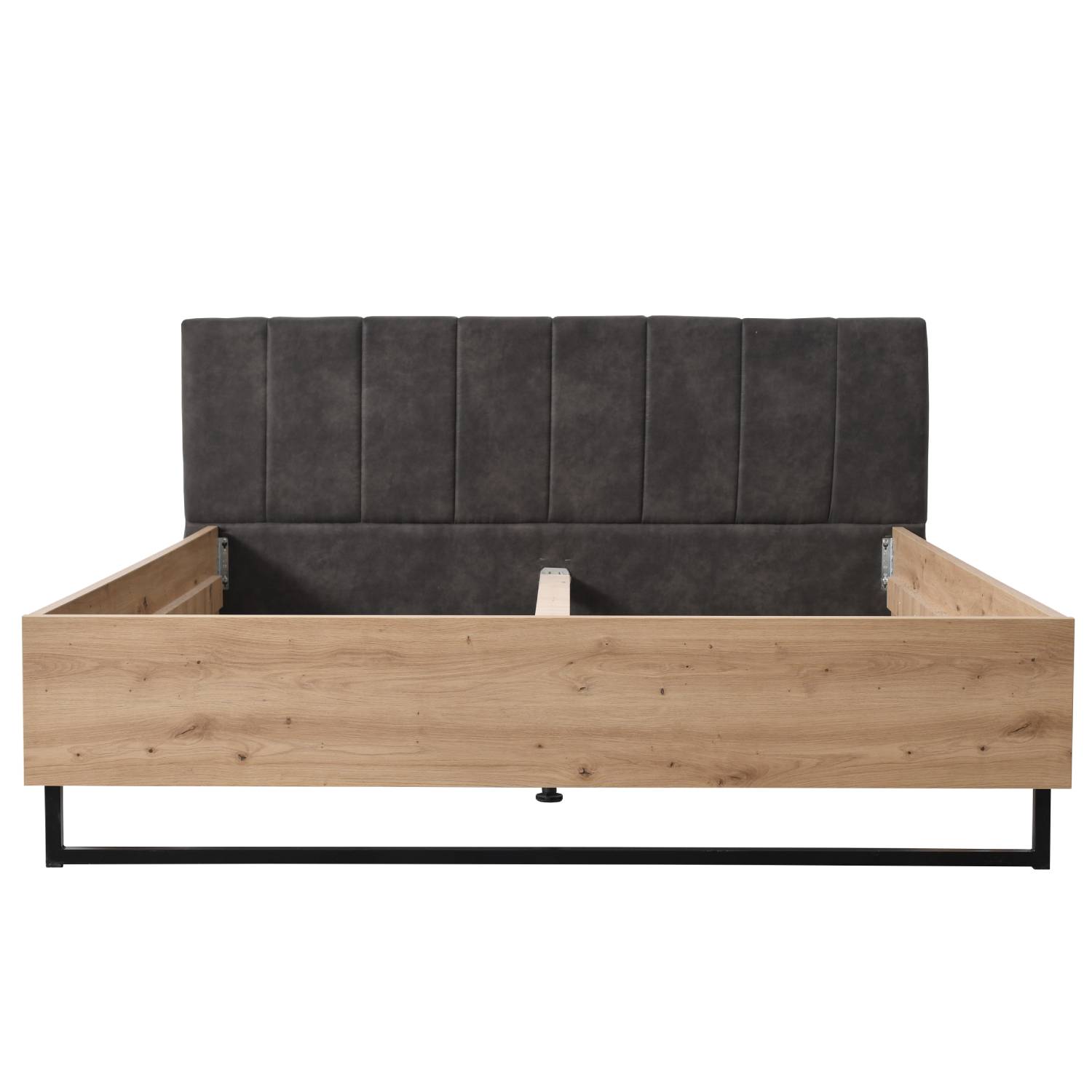 Wooden bed with upholstered headboard 180x200 cm oak und grey | with slatted frame | double fabric bed | industrial style