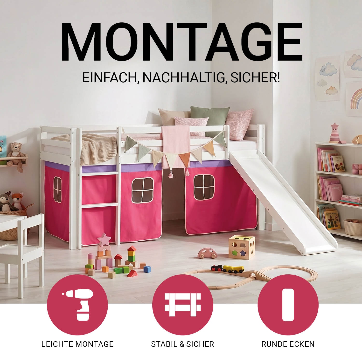 Children's Loft Bed 90x200 cm White with Pink Curtain | Slide | Includes Slatted Base | Includes Mattress