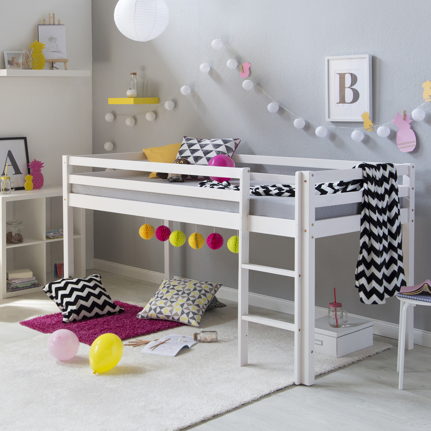 Loft Bed Kids 90x200 cm White Basic | without Slatted Frame