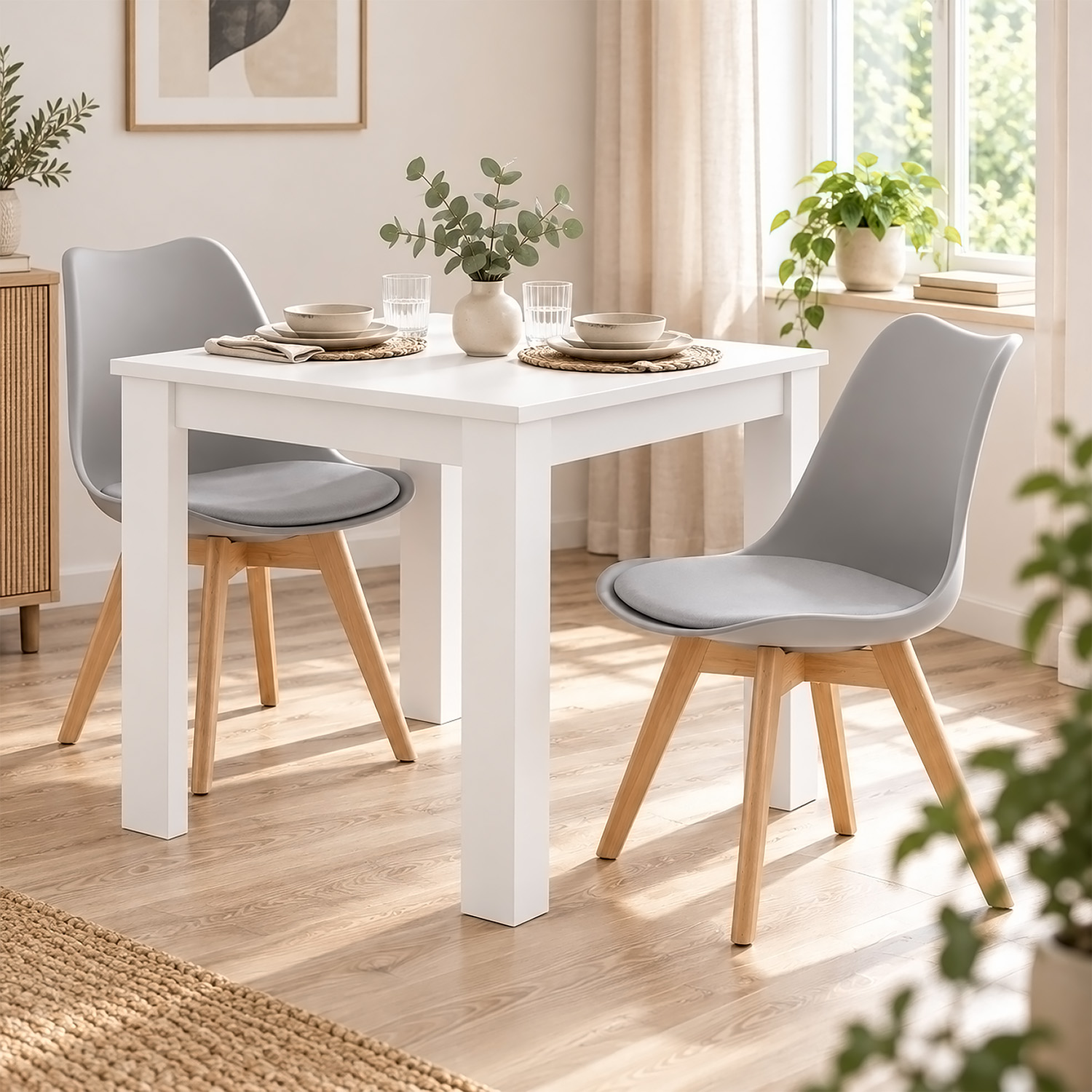 Dining Set (3-Piece): 80x80 cm white dining table with 2 grey plastic chairs and wooden legs