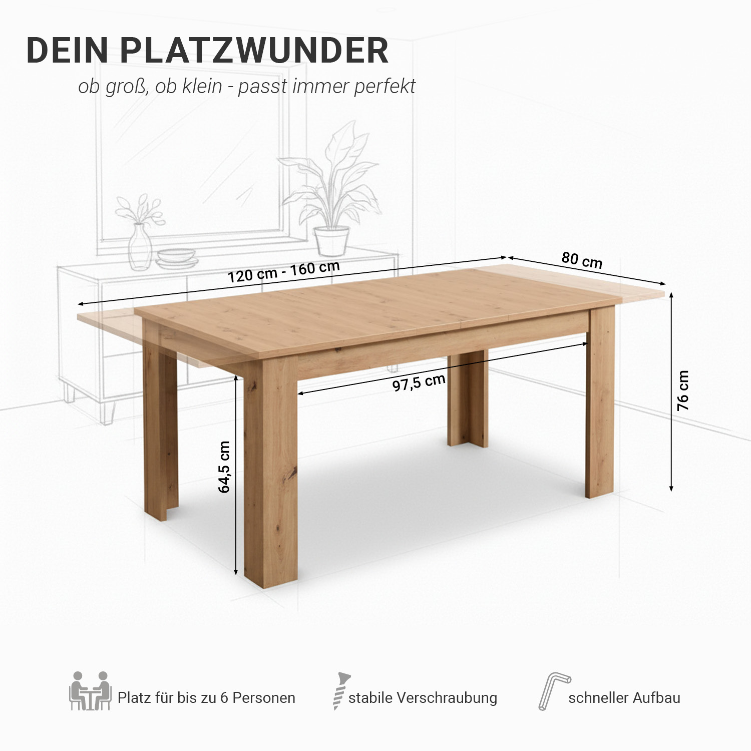 Modern Dining Table Kitchen Table Wooden Table 120x80 cm Artisan Oak 6 Seater Extendable
