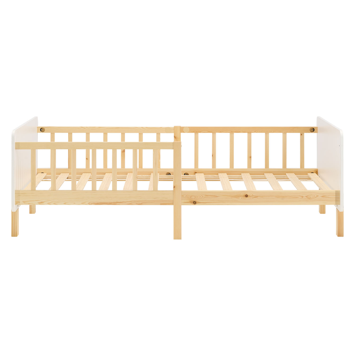 Children's Bed 90x200 cm White Natural | Retro Bed with Fall Protection | Single Bed | with Slatted Frame | Wood