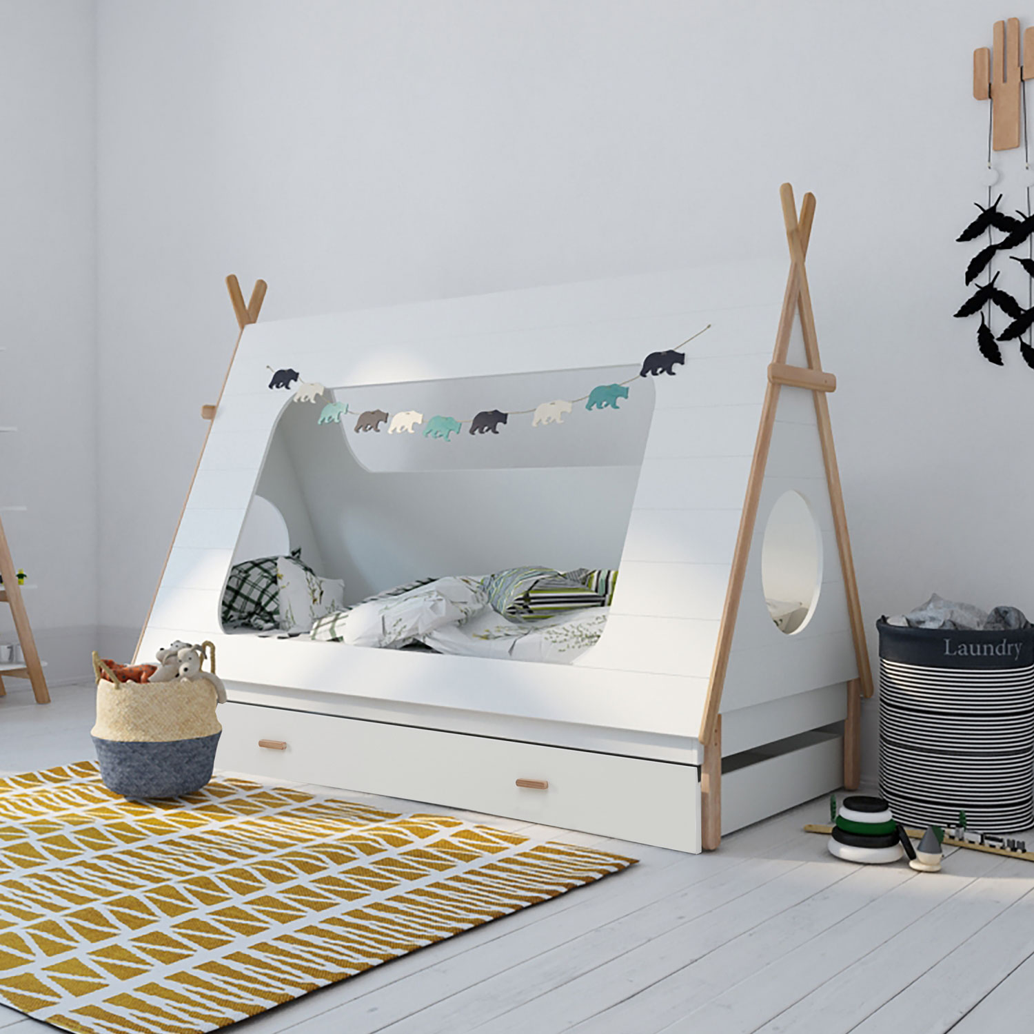 TIPI House Bed Play Bed Wooden Bed 90x200 cm Pine White Children Bed Drawer