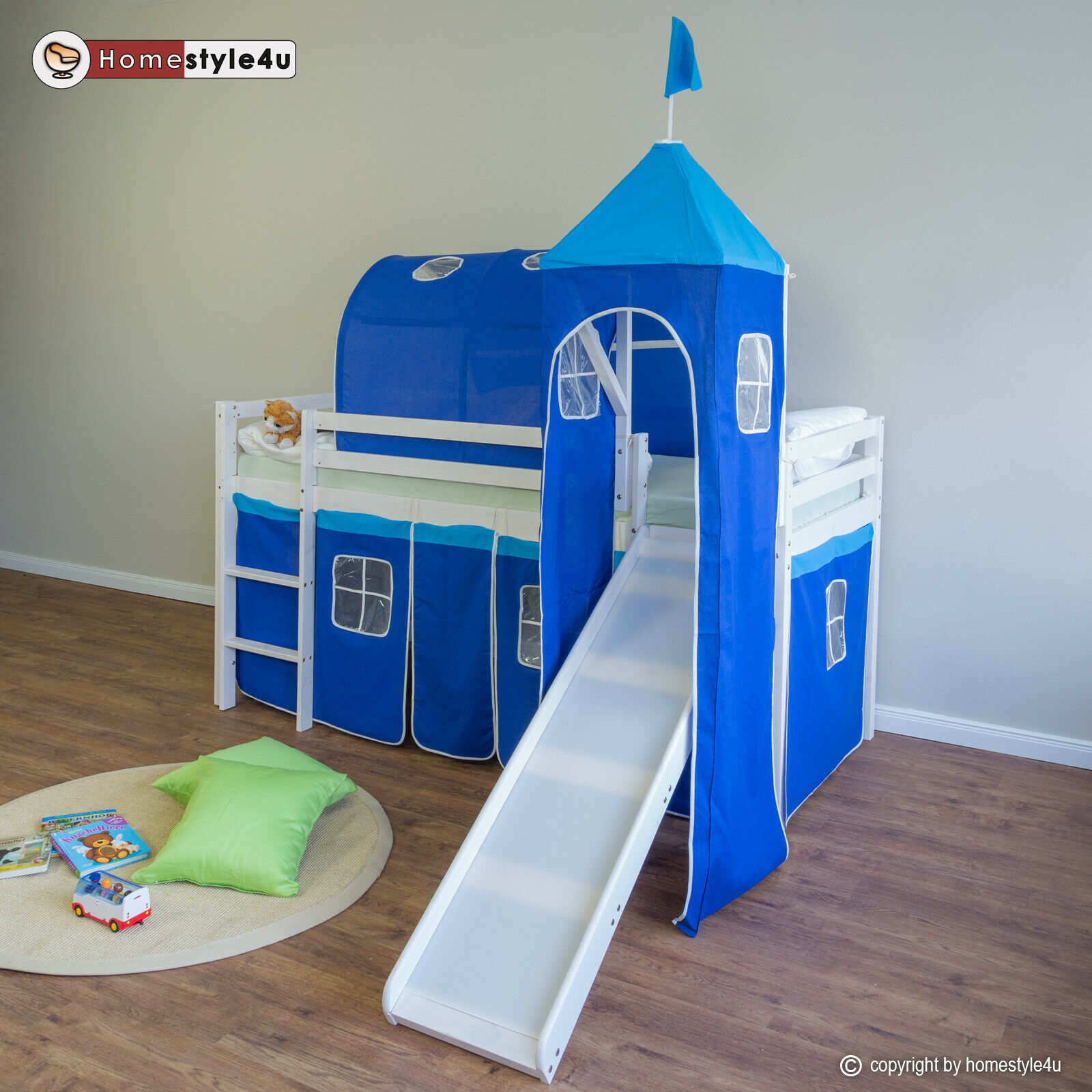 Loft Bed Kids 90x200 cm White with Curtain Blue | Tunnel | Tower | Slide | without Slatted Frame Loft Bed Kids 90x200 cm White with Curtain Blue | Tunnel | Tower | Slide | without Slatted Frame