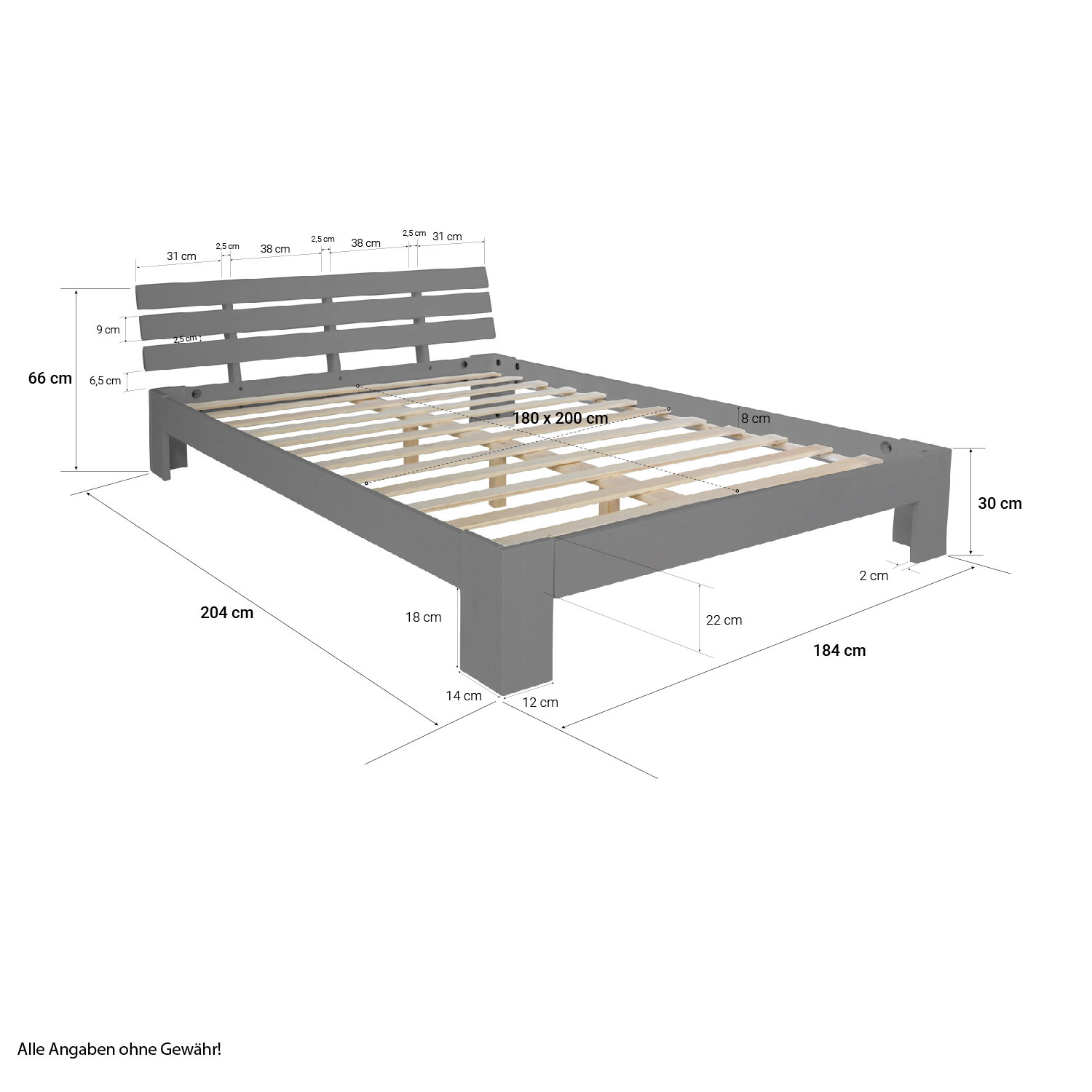Wood Bed 180x200 cm Gray | Double Bed | with Slatted Frame | Solid | Kids Youth Guest Bedroom