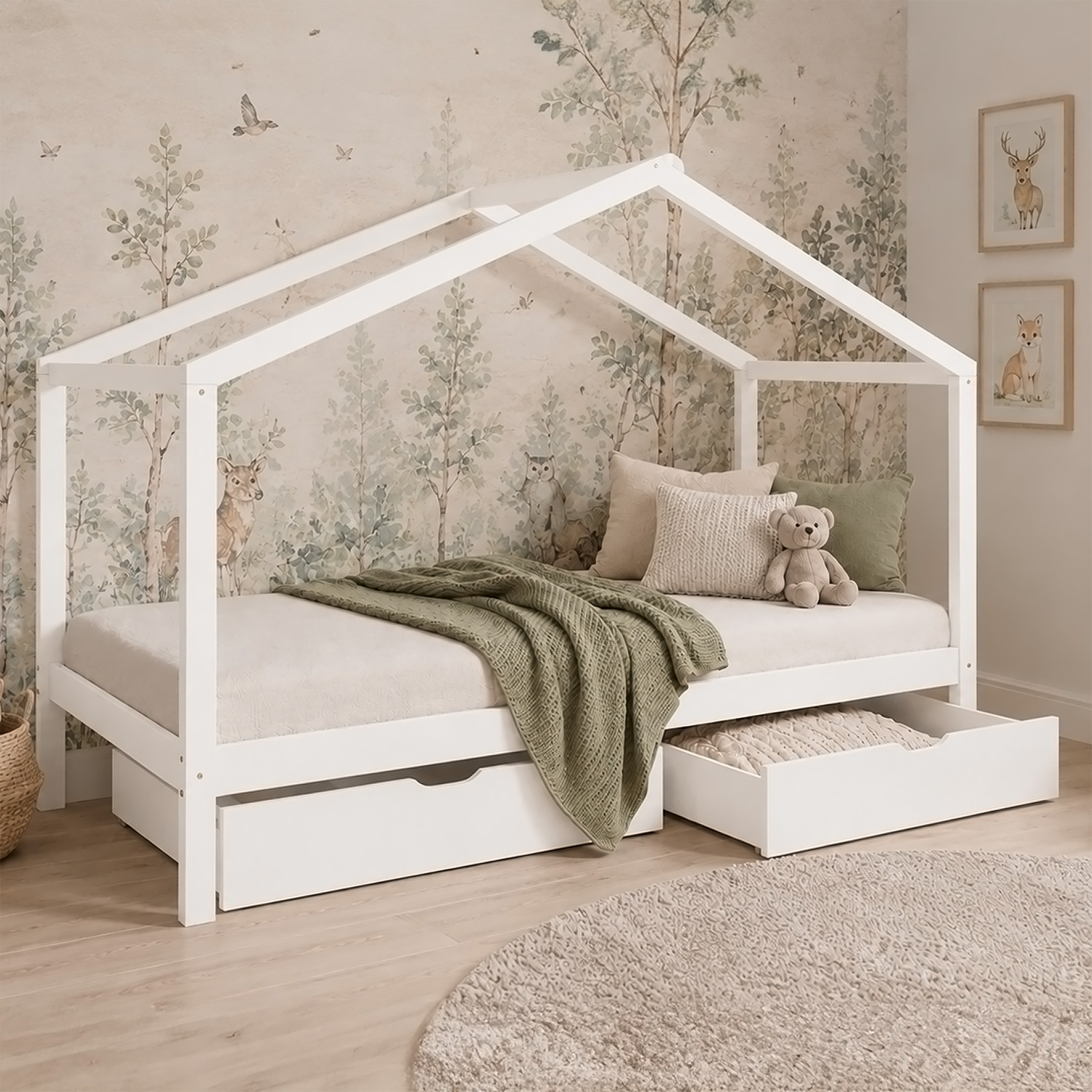 Children's Bed with mattress 90x200 House Bed Kids Bed Wooden Bed White Cot Drawer