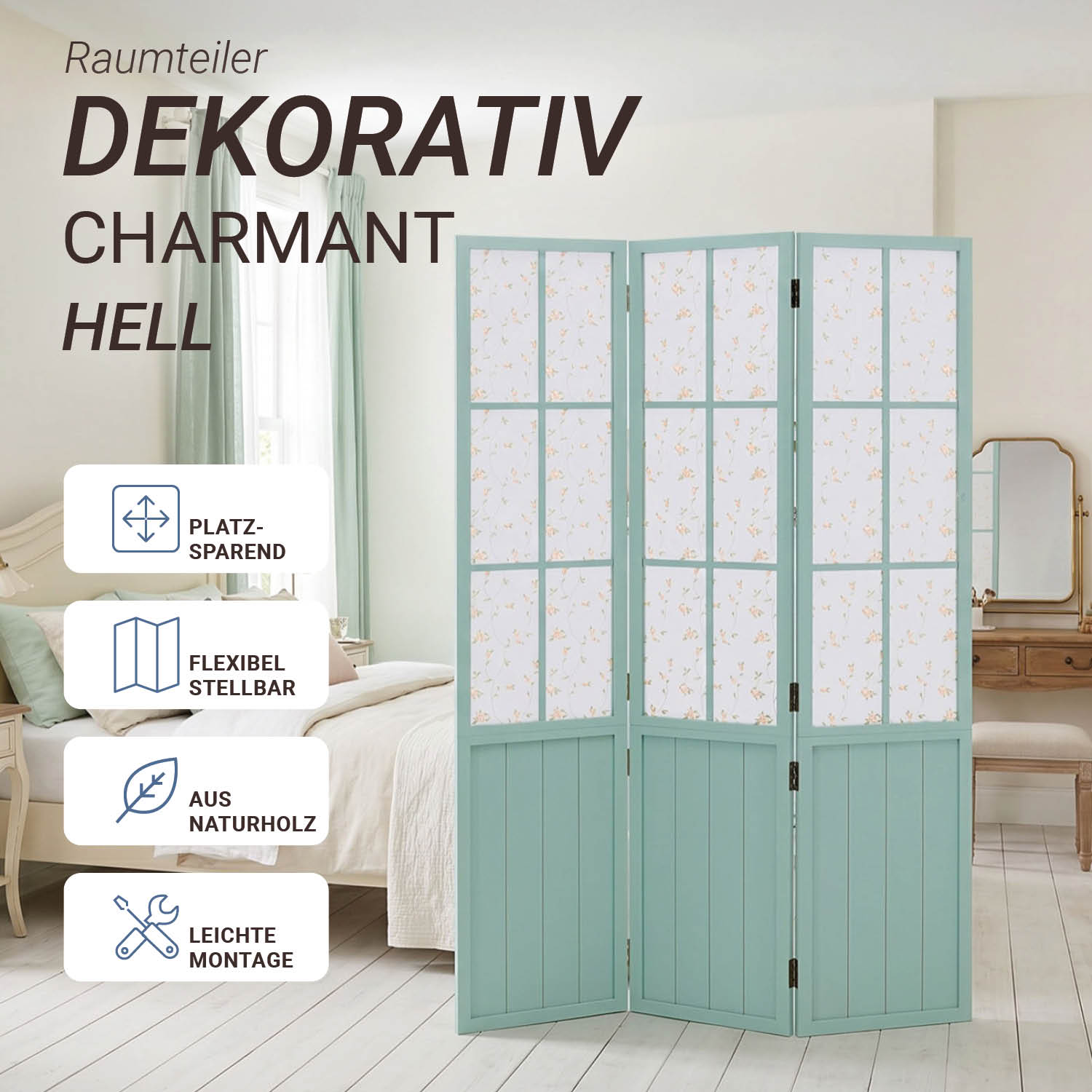 Turquoise Room Divider – 3-panel, country-style with floral pattern & fabric covering