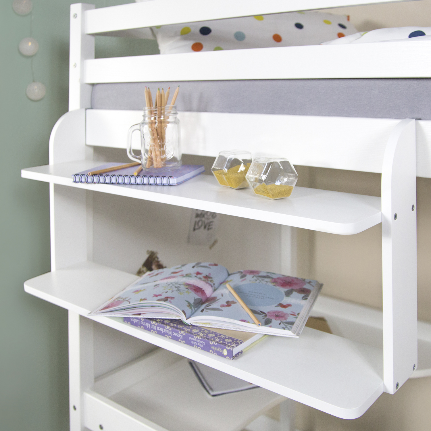 Hanging Shelf Bunk Bed Bookshelf Suspended Rack White Wood 2 Shelves