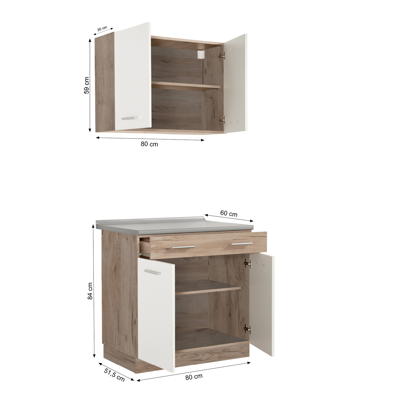 80 cm kitchen unit (without appliances) | White & Oak | Compact mini-kitchen for small spaces