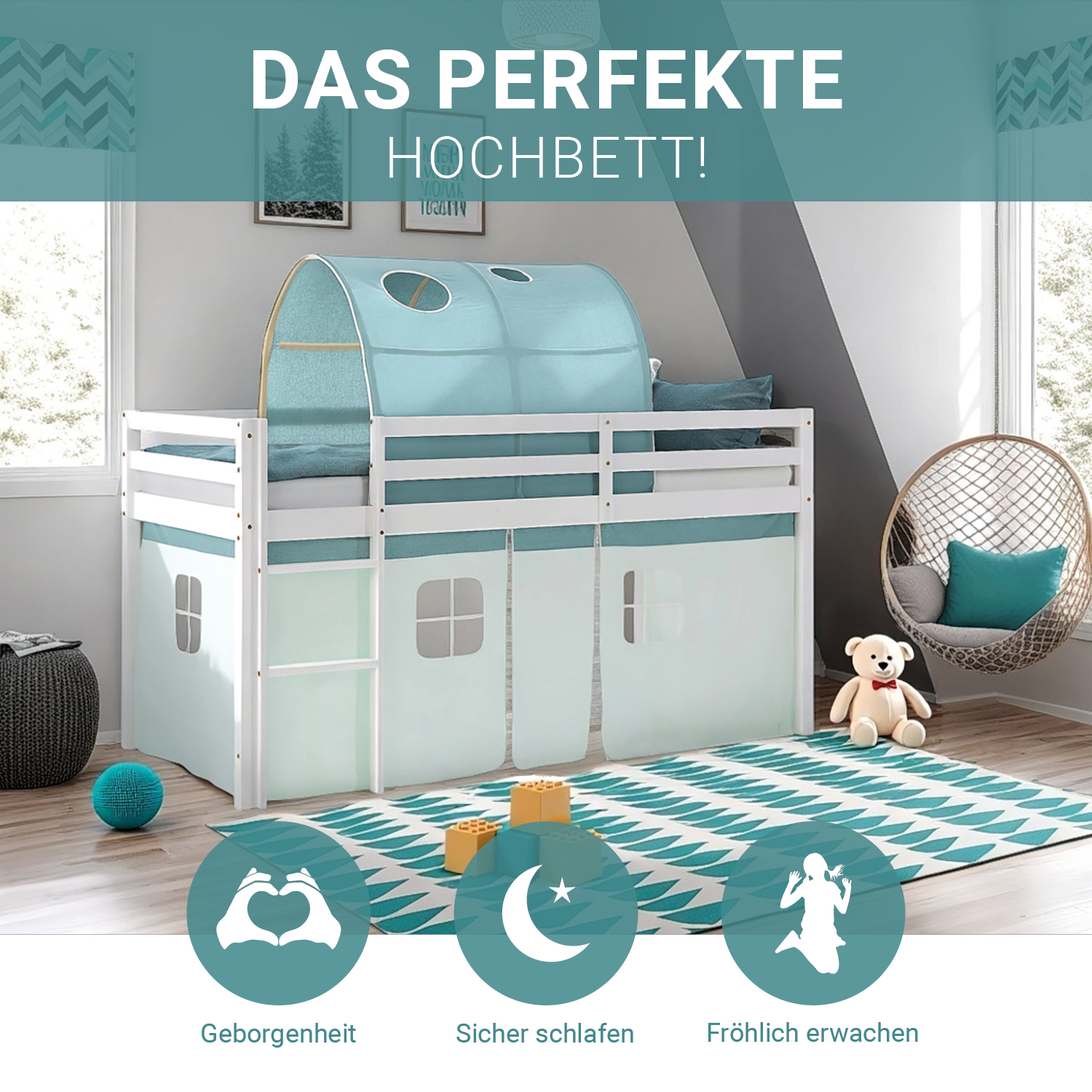 Children's Loft Bed 90x200 cm White with Mint Green Curtain | Tunnel | Includes Slatted Base and Mattress