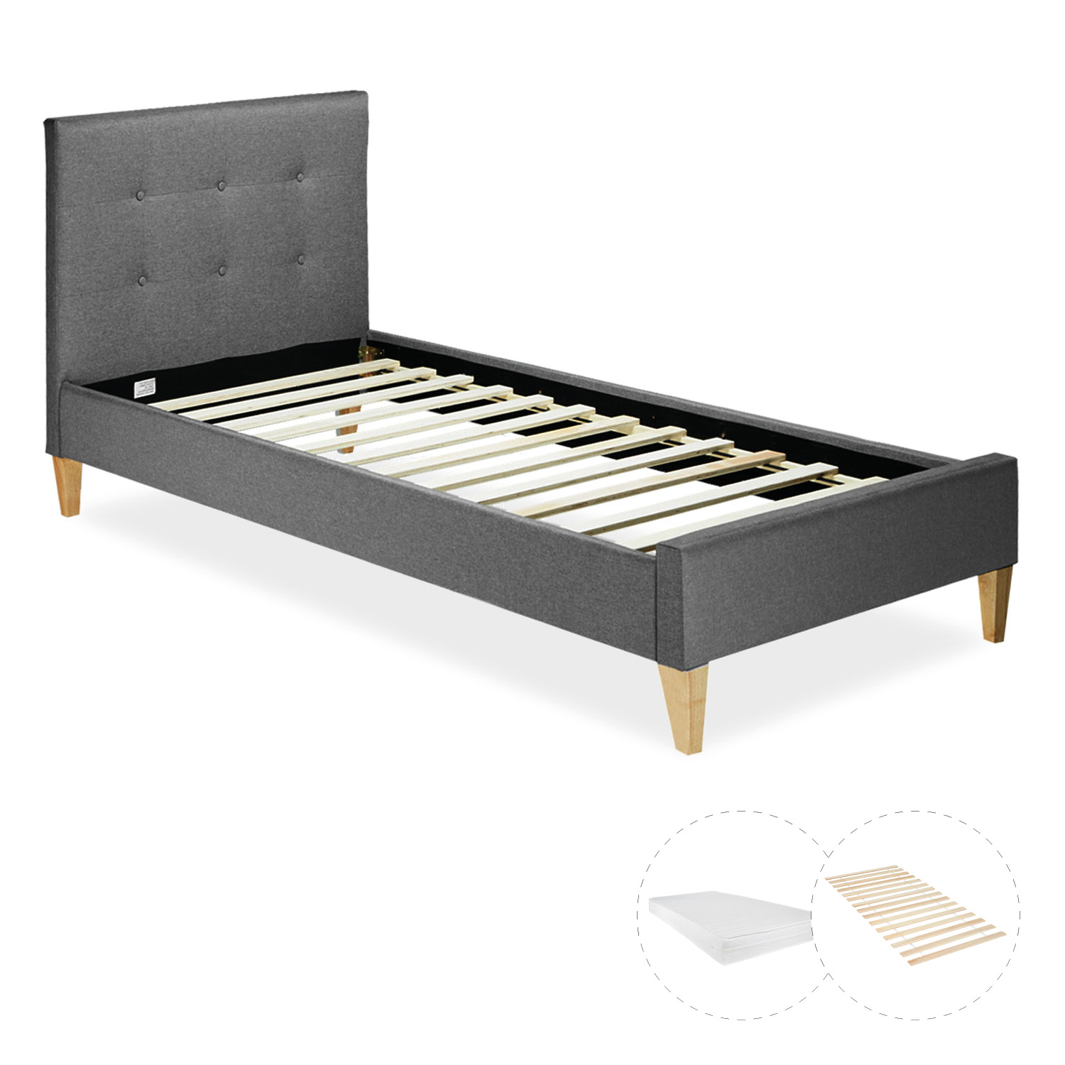 Upholstered bed 90x200 cm grey | with slatted frame | with mattress | single fabric bed frame