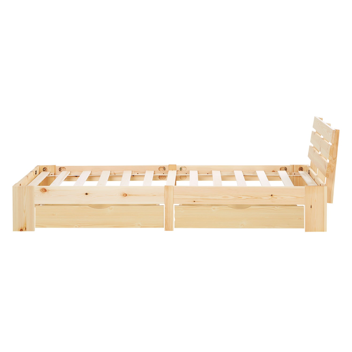 Wooden Bed 90x200 cm, Natural | Single Bed with 2 Underbed Drawers | Incl. Slatted Base | Solid Wood | Child, Teen & Guest Bedroom