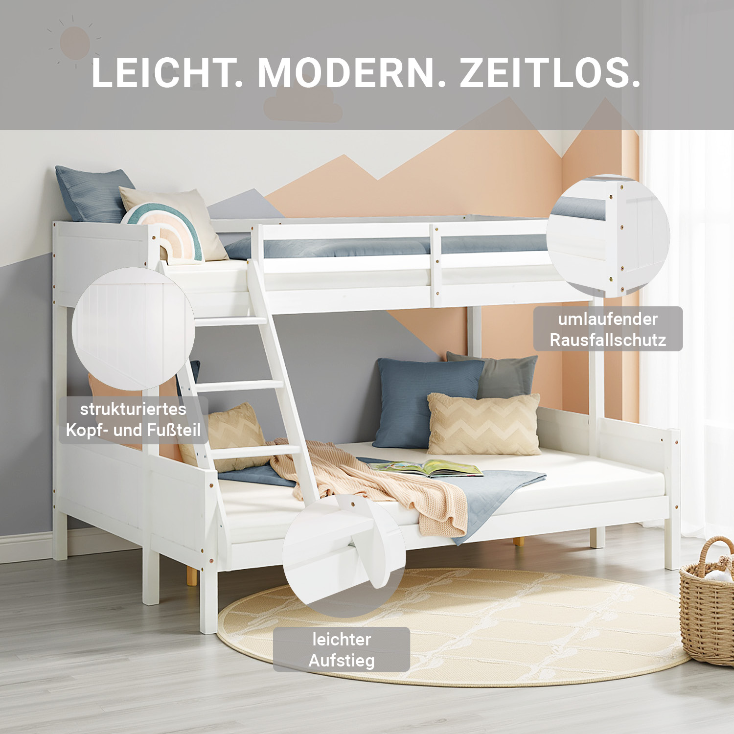 Children´s Bed Bunk Bed 90x200 and 140x200 High Sleeper Cot White Wood with Slats 2 Matresses