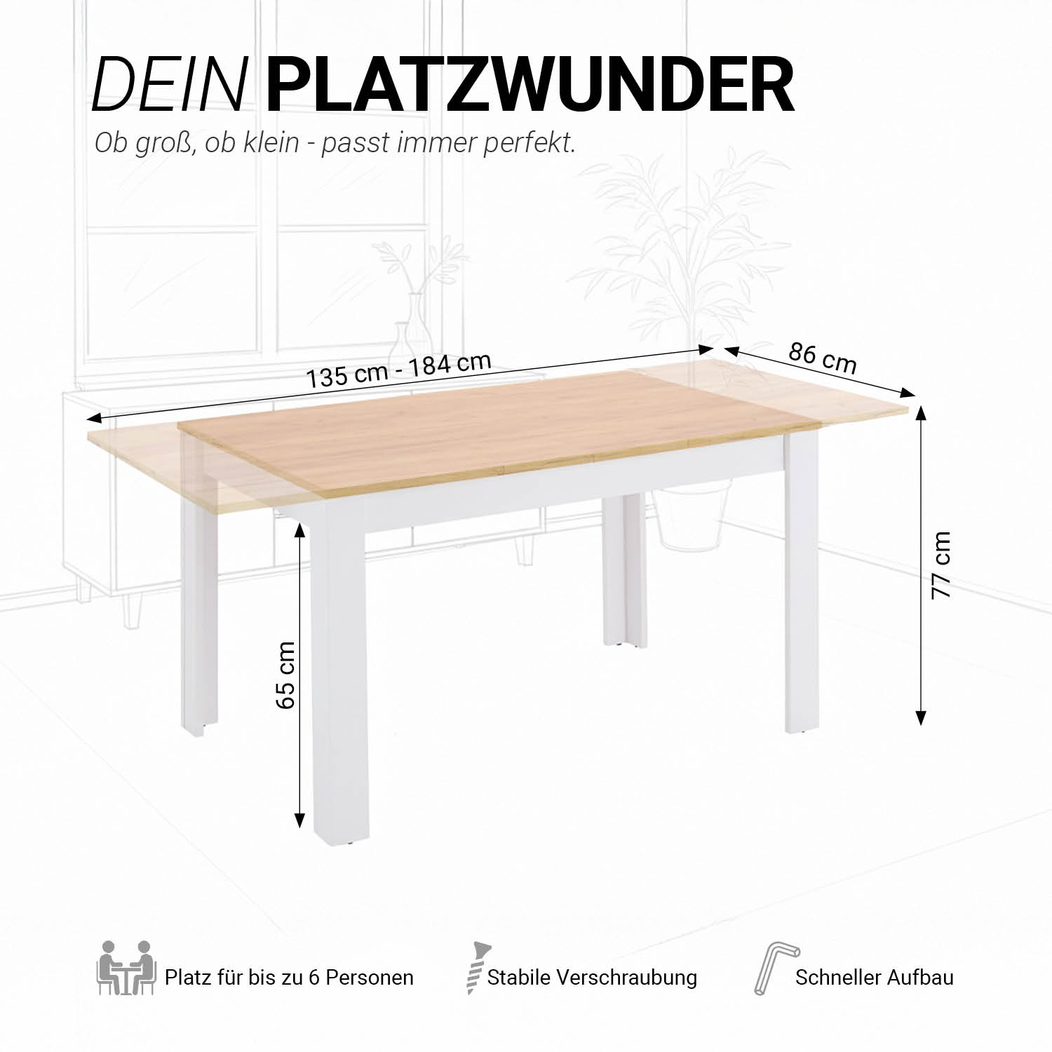 Modern Dining Table Kitchen Table White Wooden Table 135x86 cm Wotan Oak 8 Seater Extendable