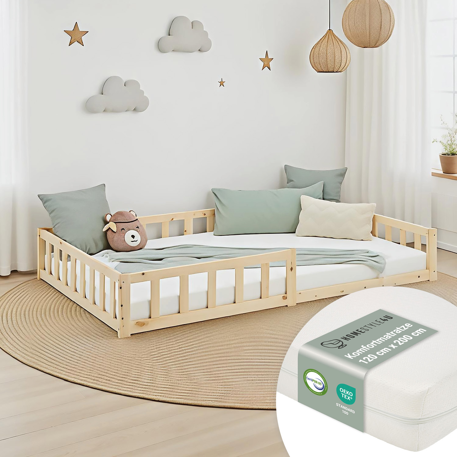 Children's Bed 120x200 Natural | Floor Bed with Mattress & Slatted Frame | with Fall Protection | Montessori