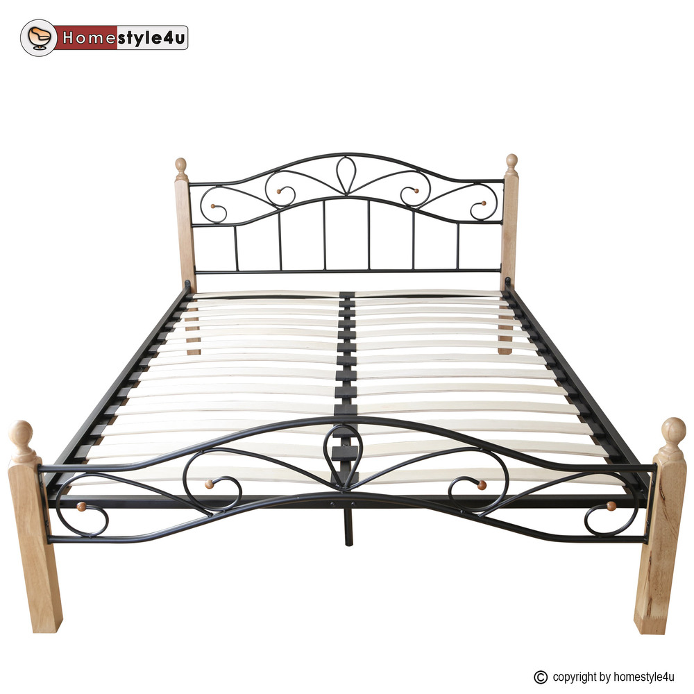 Metal Bed Iron Bed Double 140 x 200 Wood Slatted black natural bed frame 920 Metal Bed Iron Bed Double 160 x 200 Wood Slatted black natural bed frame 920