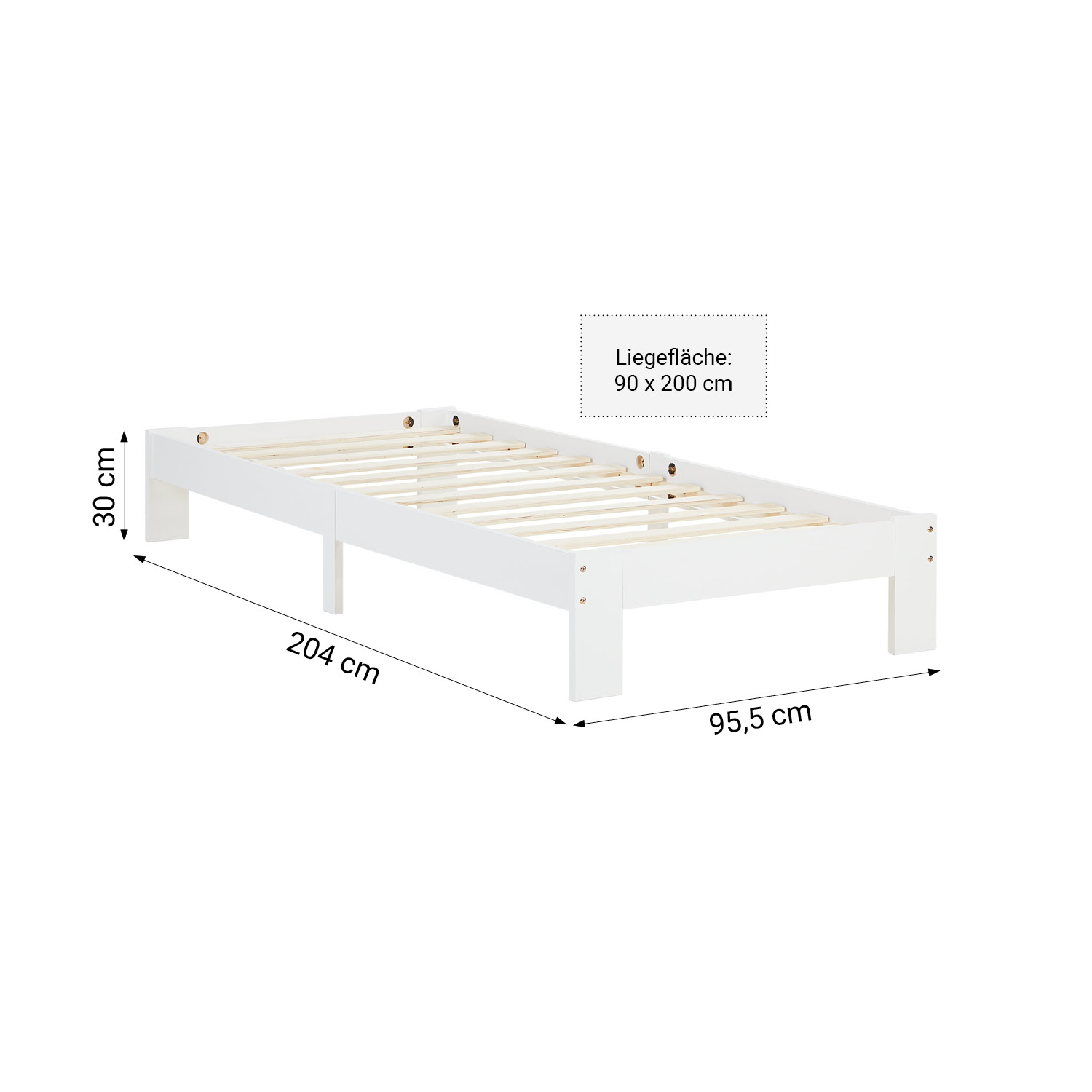 Wood Bed 90x200 cm White | Single Bed | with Slatted Frame | Solid | Kids Youth Guest Bedroom