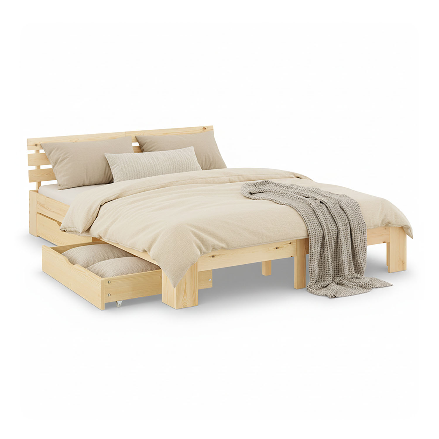 Wood Bed 180x200 cm Natural | Double Bed | with 2 Spring Mattress | 2 Drawers | Youth Guest Bedroom