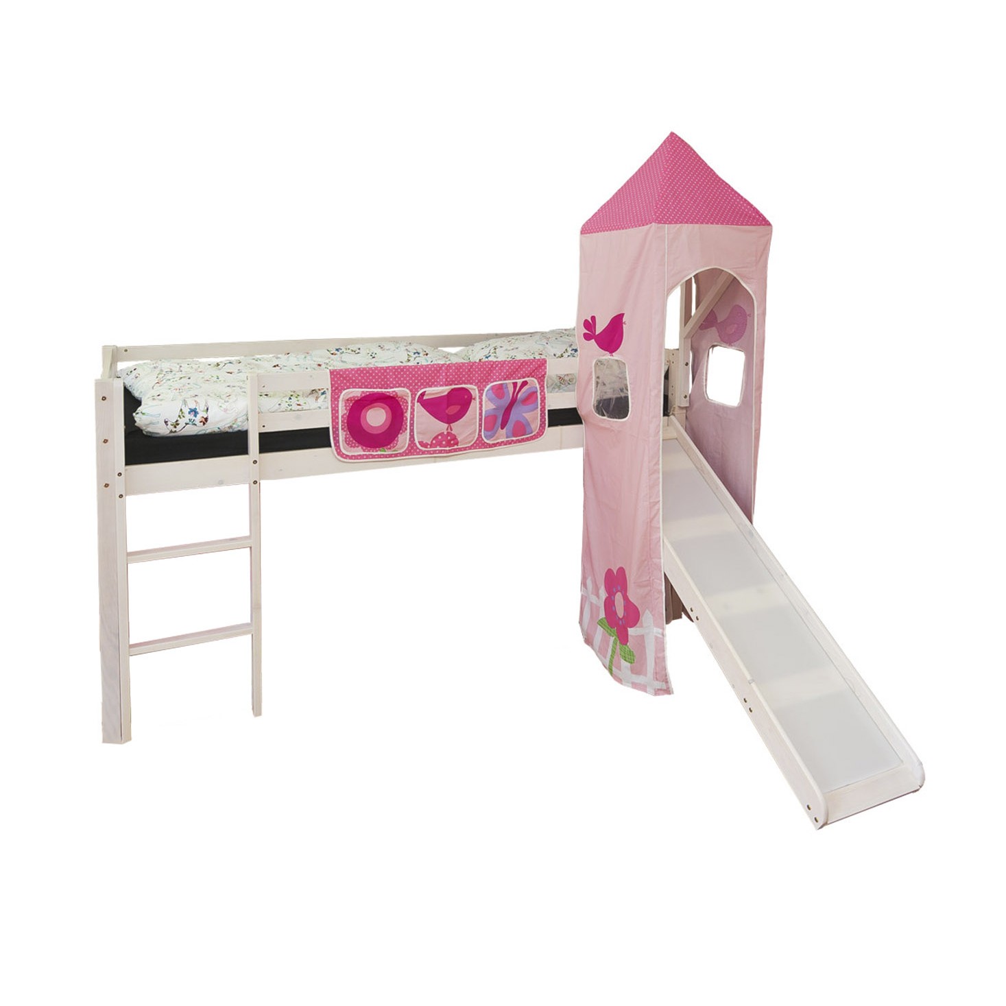 Loft Bed Kids 90x200 cm White with Curtain Pink Rose | Tower | Slide | without Slatted Frame