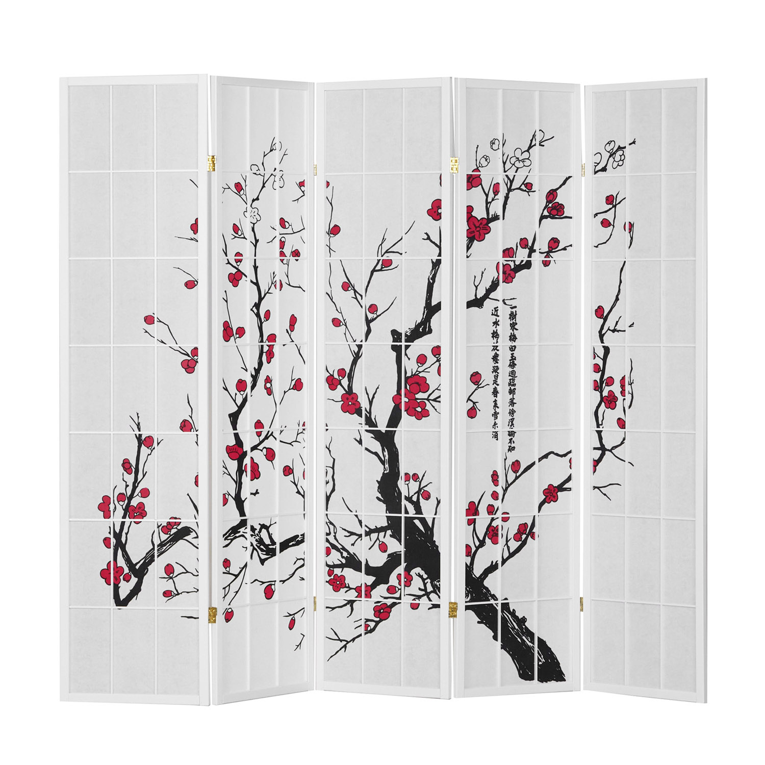 Screen room divider, 5 parts, wood rice paper white, cherry pattern, height 179 cm