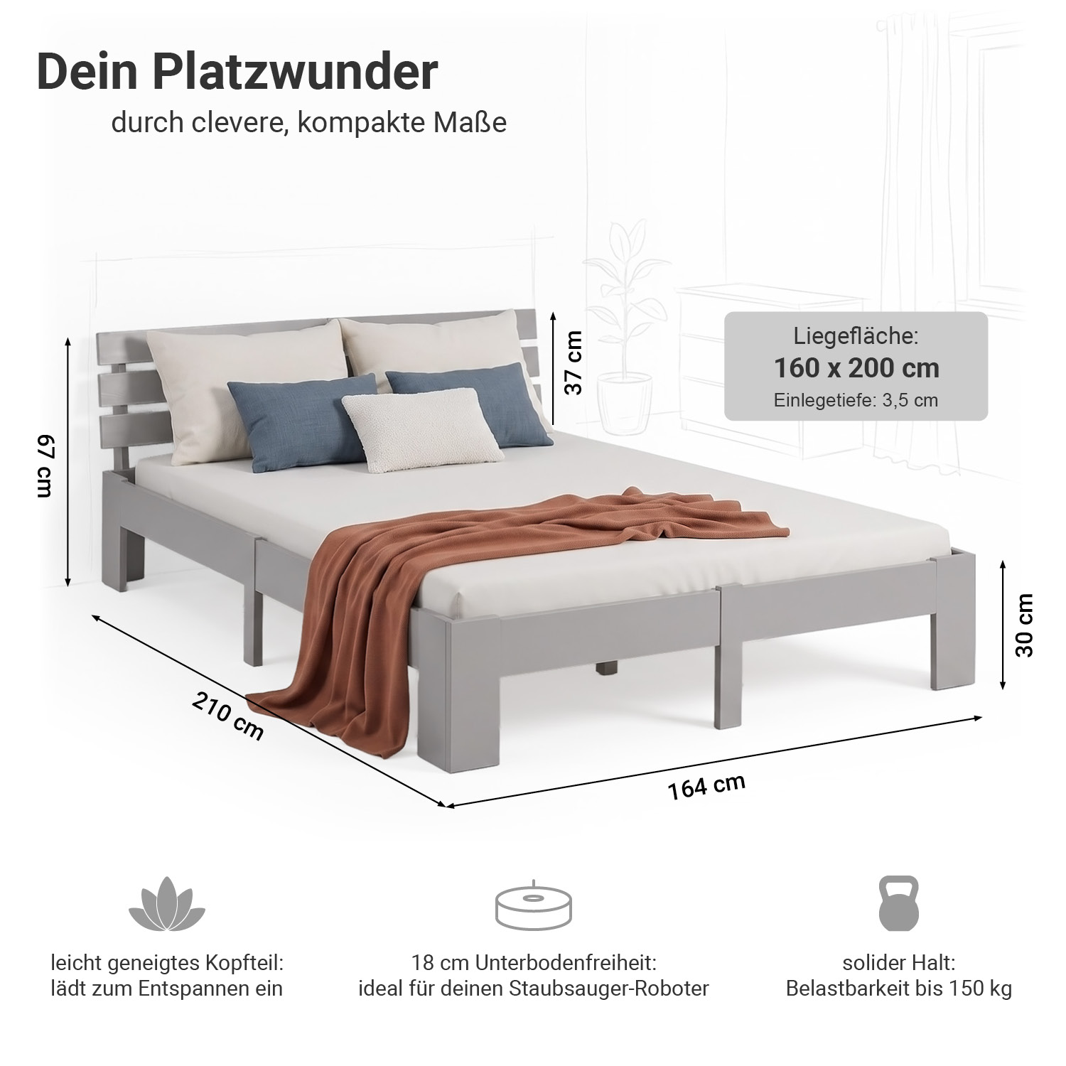Wood Bed 160x200 cm Grey | Double Bed | with 2 Mattress | Solid | Kids Youth Guest Bedroom