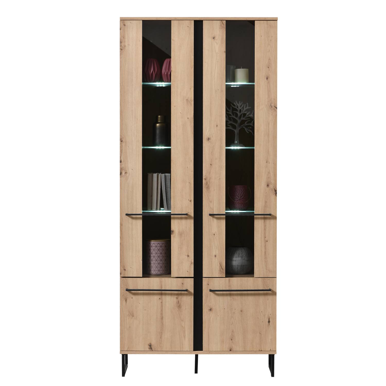 Showcase Highboard Cabinet with compartments Living room cabinet Wood Natural Skid feet Black