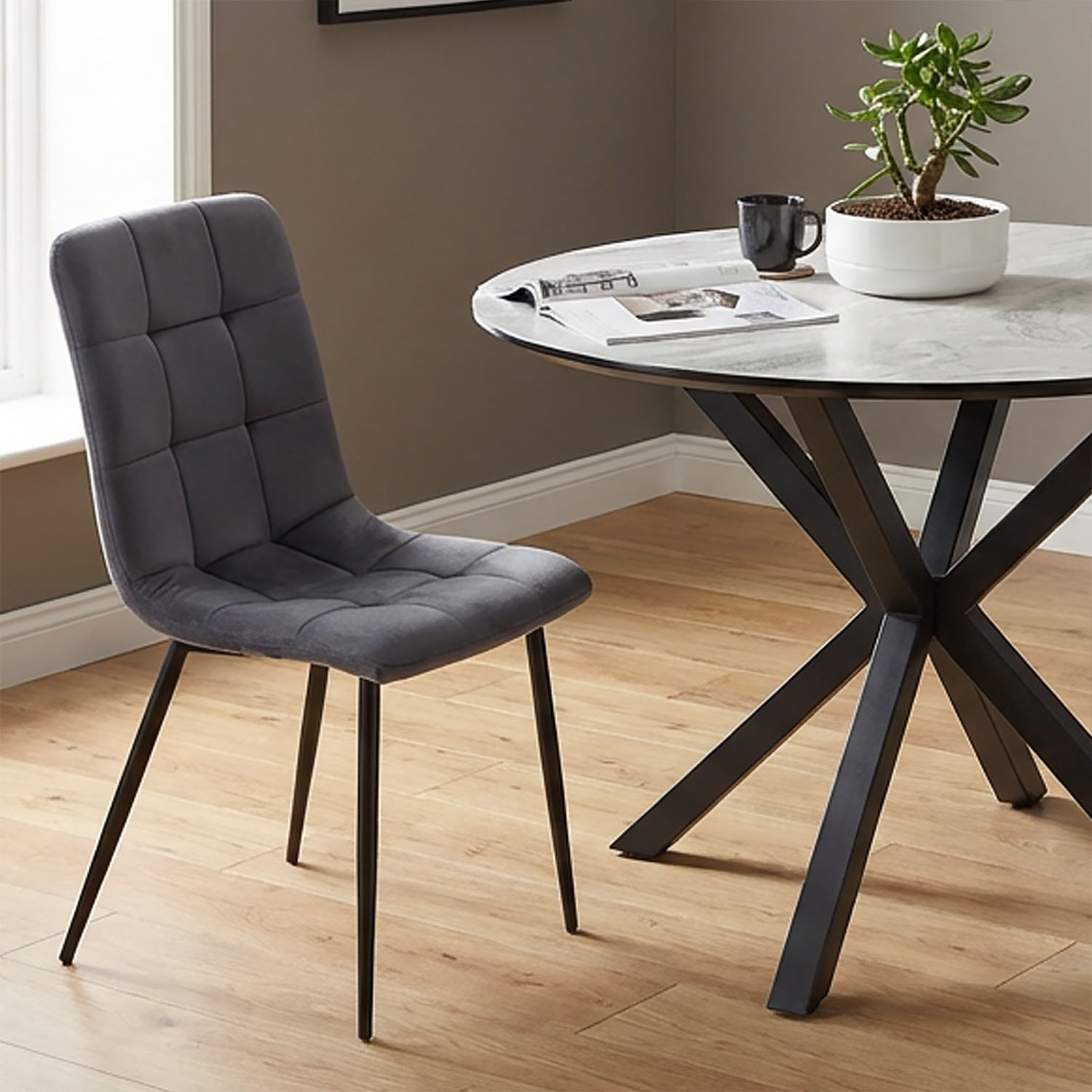 Dining set | 2-piece set upholstered chairs grey | dining table grey black metal frame round 110 cm