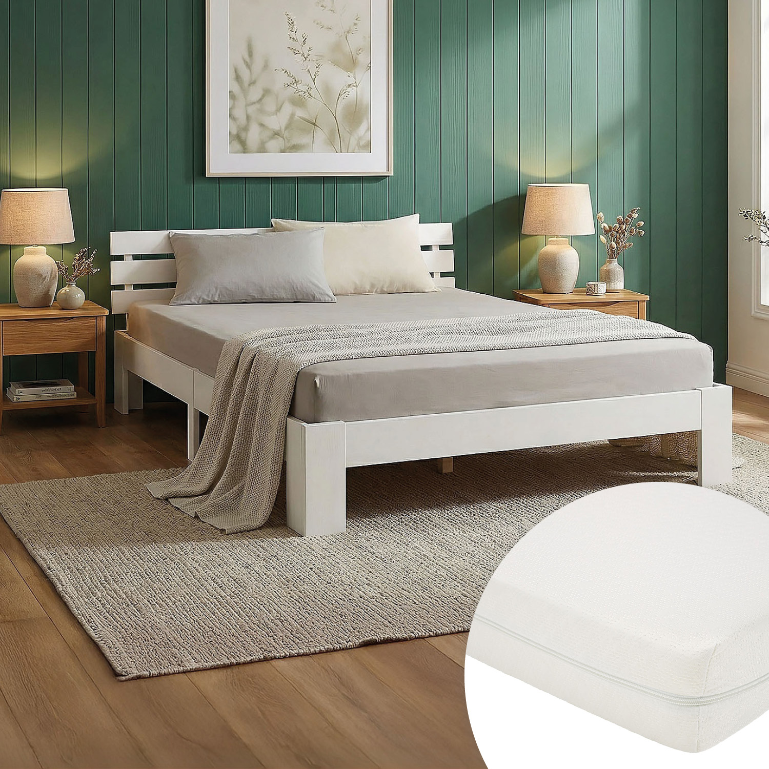 Double Bed with Mattress and Slatted Frame 120x200 Bed White Solid Pine Wooden Bed Futon Bed