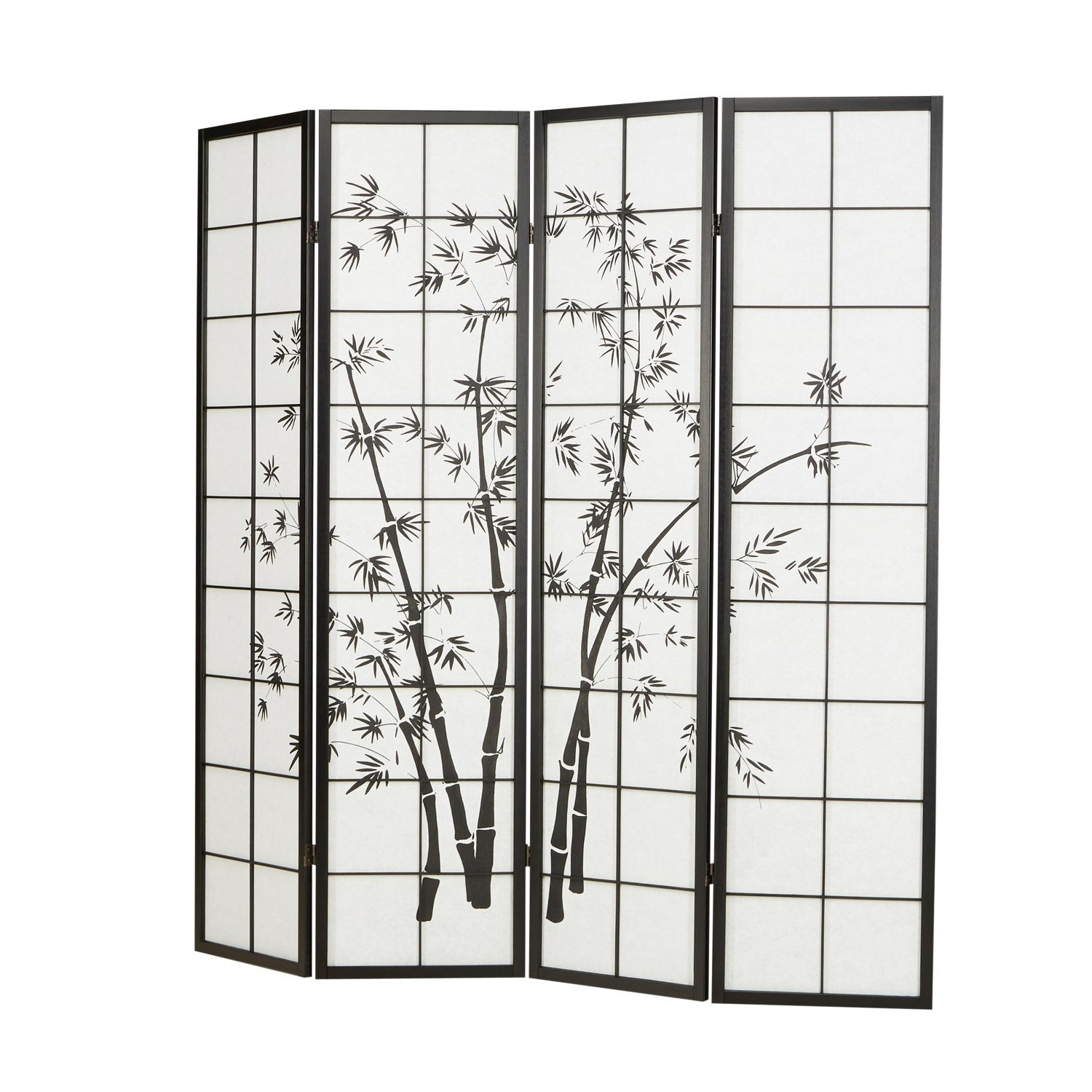 Black 4-panel folding screen with bamboo motif – Asian room divider made of wood and shoji rice paper