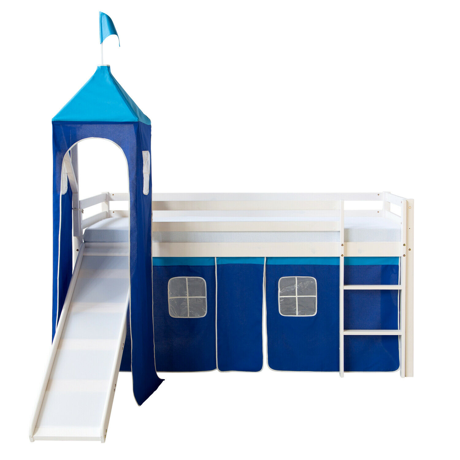 Hochbett 90x200 cm Stockbett Kinderbett Holz Kiefer Spielbett Vorhang Turm Tunnel blau Rutsche Leiter Lattenrost Matratze