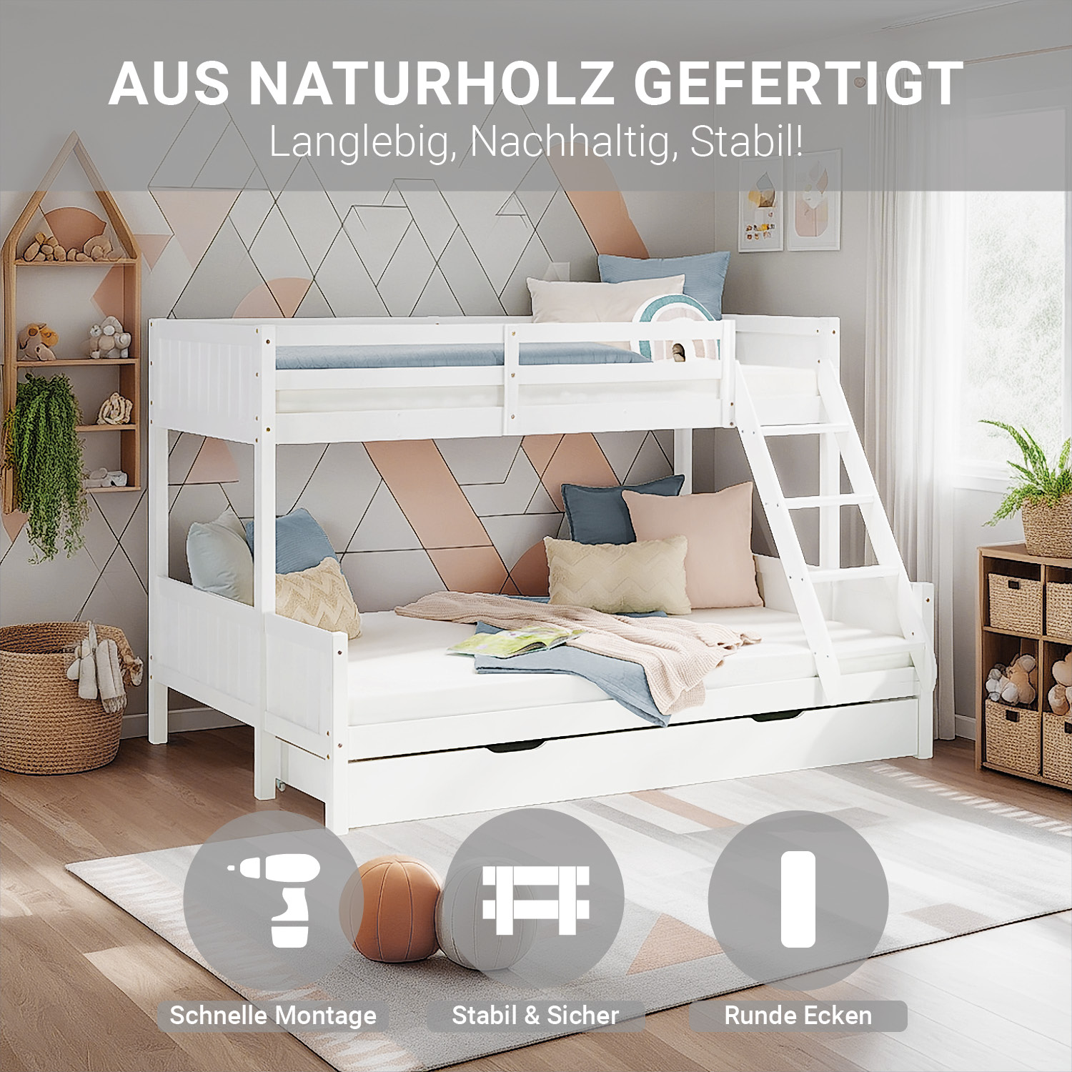 Bunk Bed 2 Sleeping Areas 90x200 cm and 140x200 cm White | with Bed Drawer | with Slatted Frame