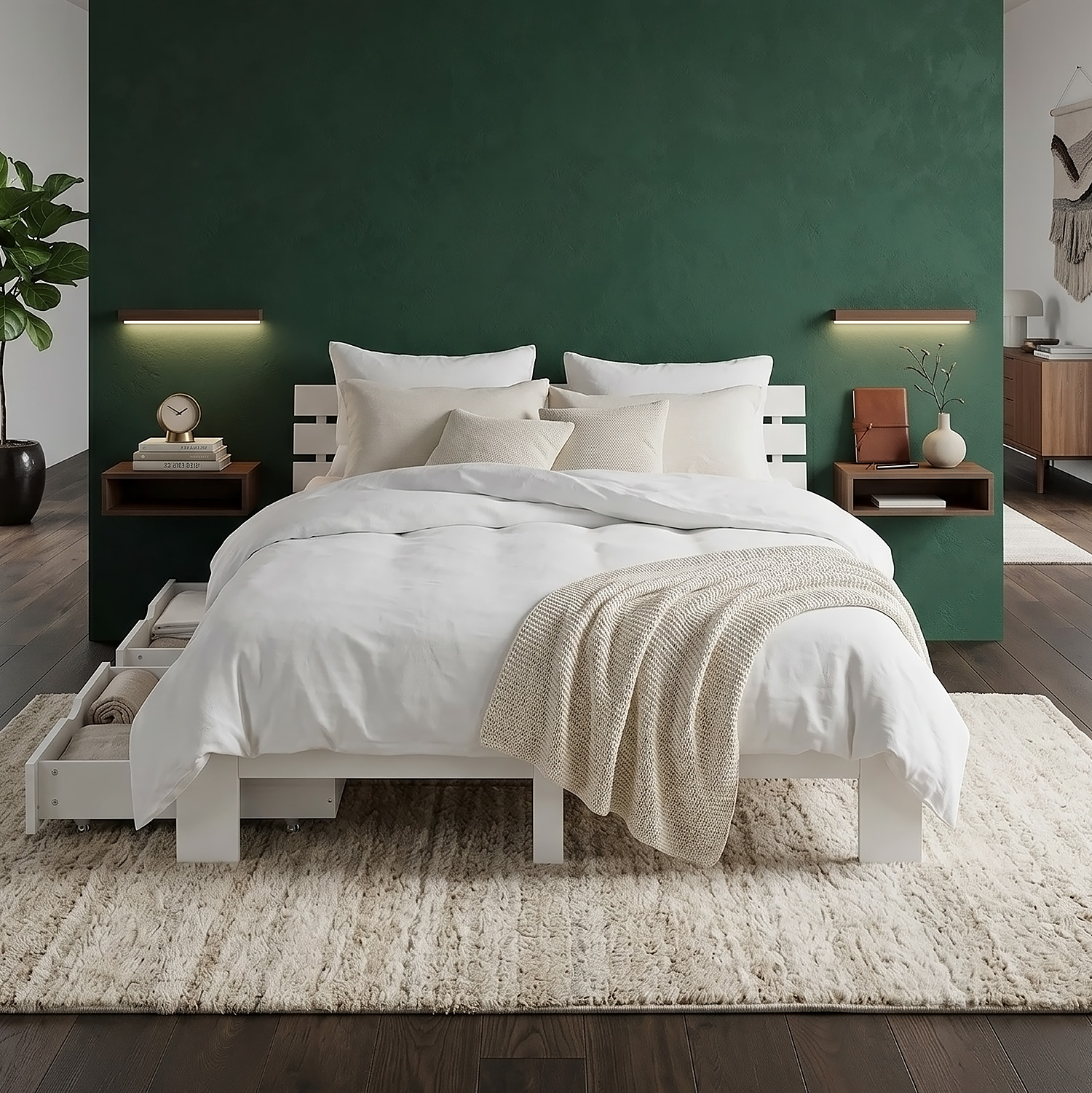 Wood Bed 140x200 cm White | Double Bed with Storage Drawer | with Slatted Frame | Solid | Kids Youth Guest Bedroom