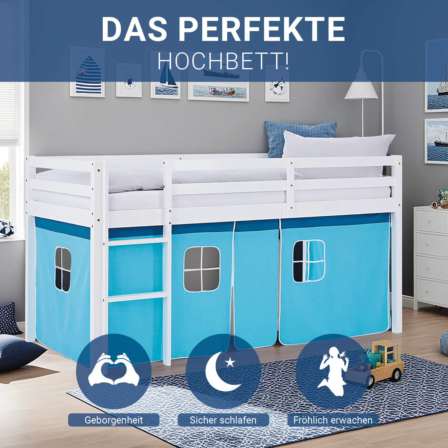 Children's Loft Bed, 90x200 cm, White with Blue Curtain | Includes Slatted Base and Mattress