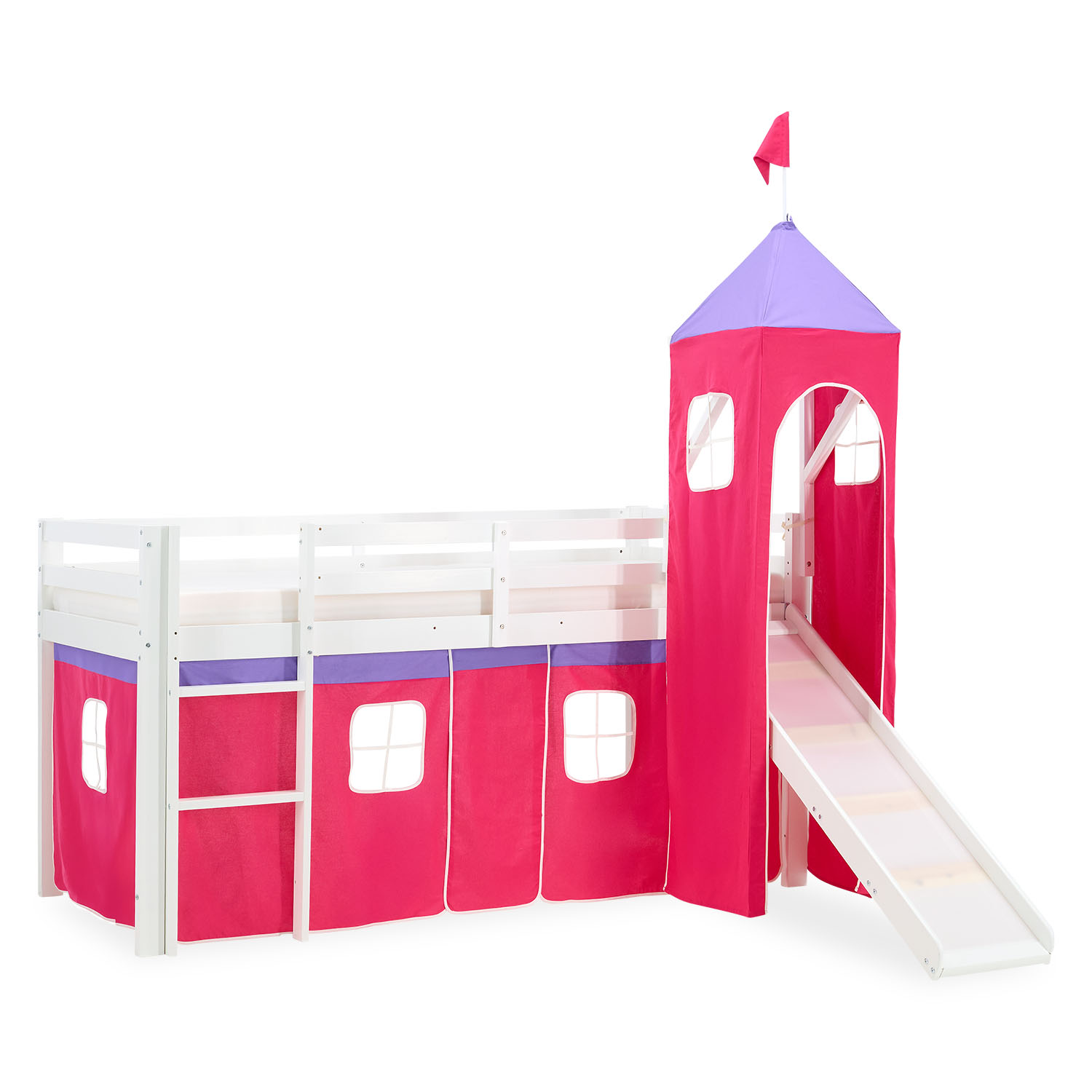 Children's Loft Bed 90x200 cm White with Pink Curtain | Tower | Slide | Includes Slatted Base | Includes Mattress